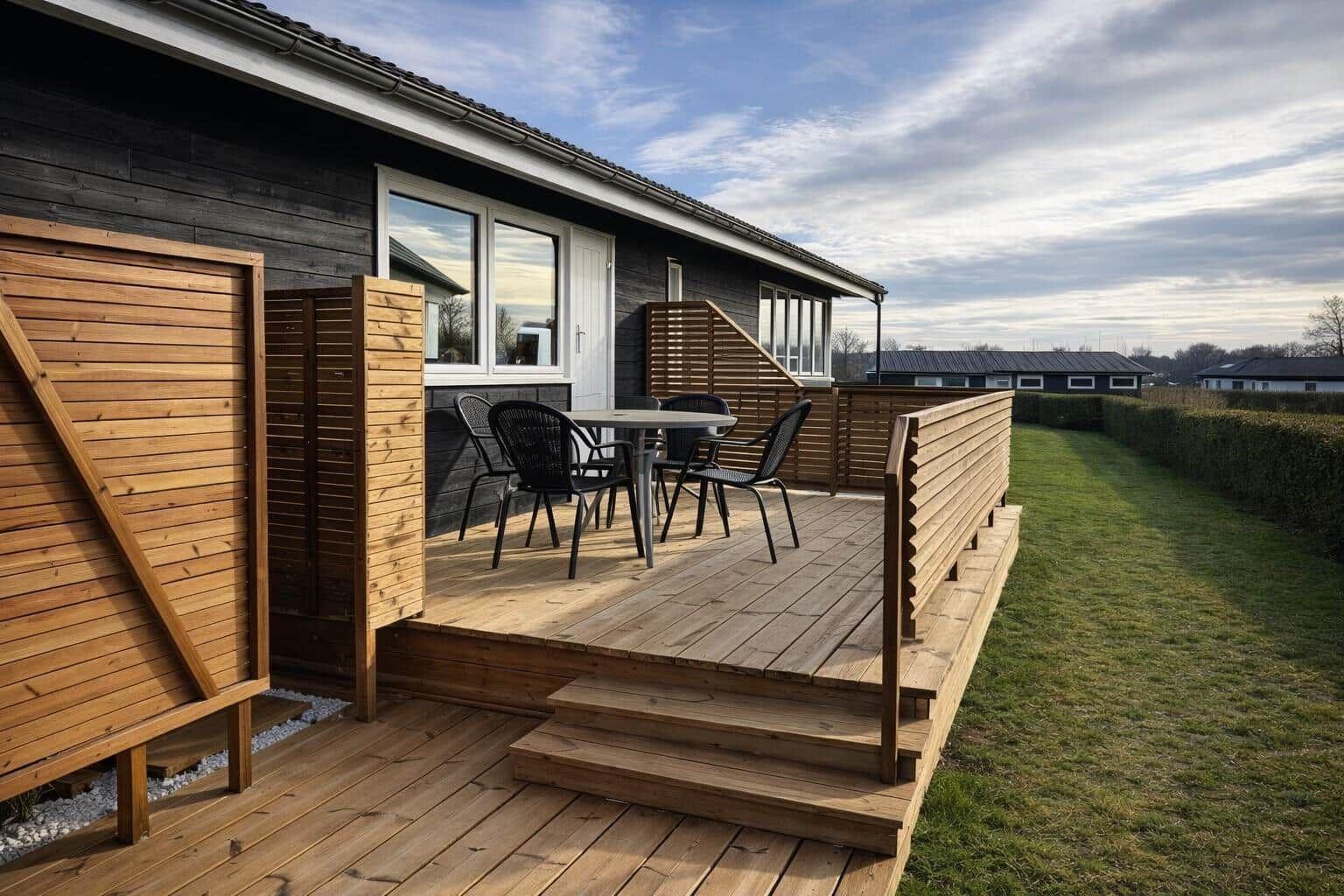 Terrasse mit Tisch, Stühlen und Dusche an der Hauswand