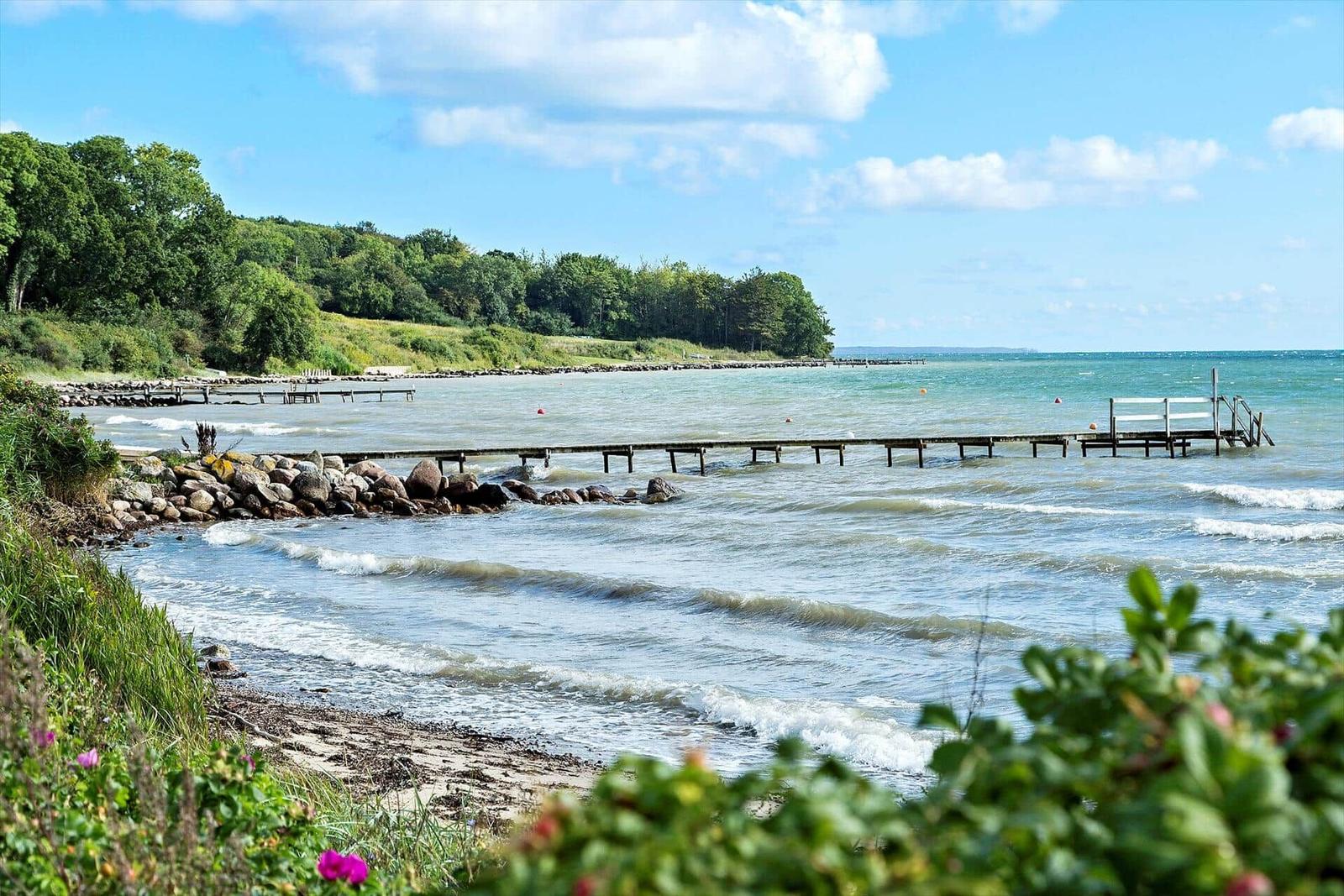 Dänische Flagge weht über Wasser und Häusern unter blauem Himmel mit weißen Wolken.