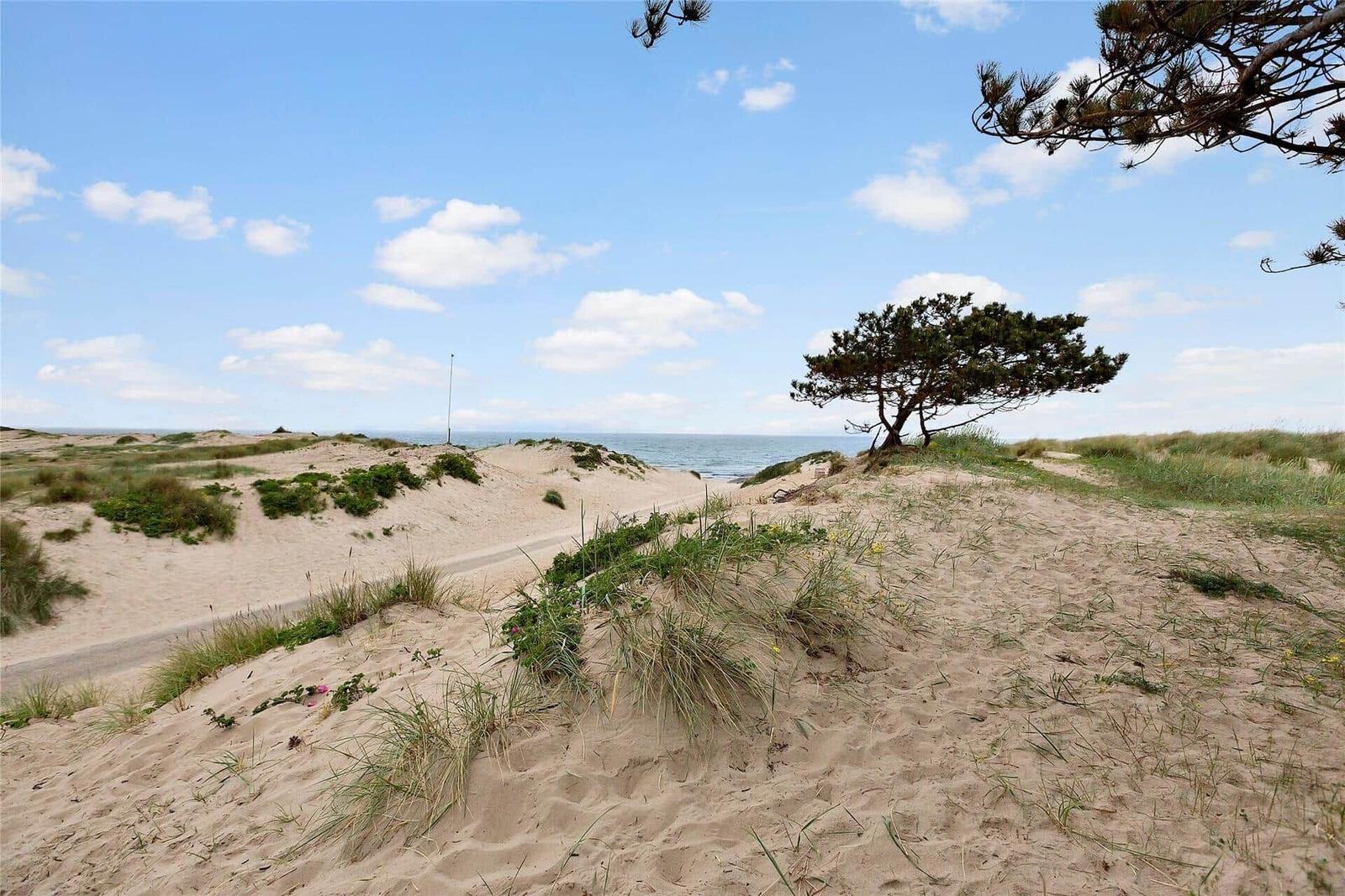 Strandlandschaft mit Dünen, Häusern und blauem Himmel.