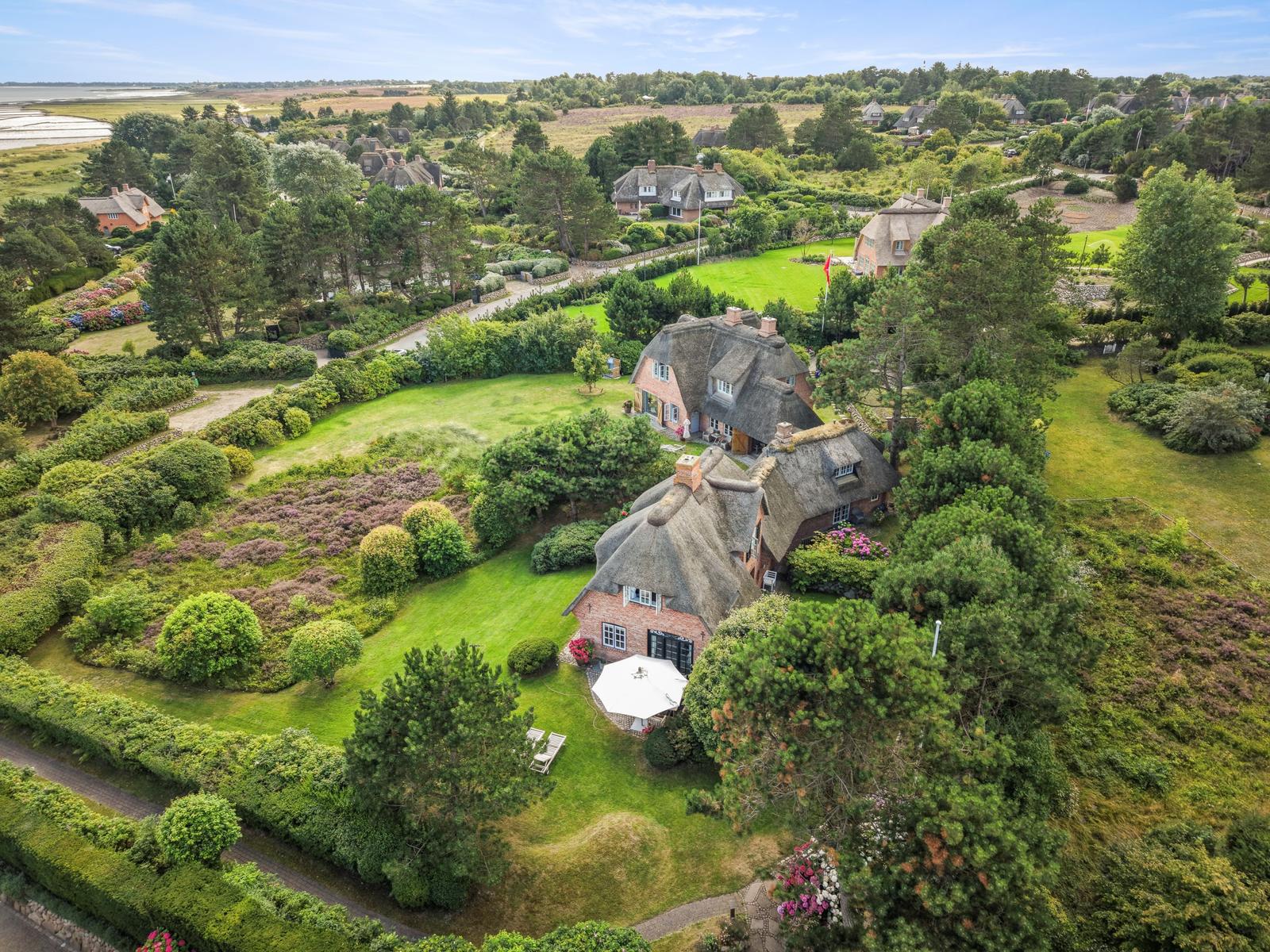 Luftbild eines Reetdachhauses mit Garten, Sonnenschirm und Liegestühlen.