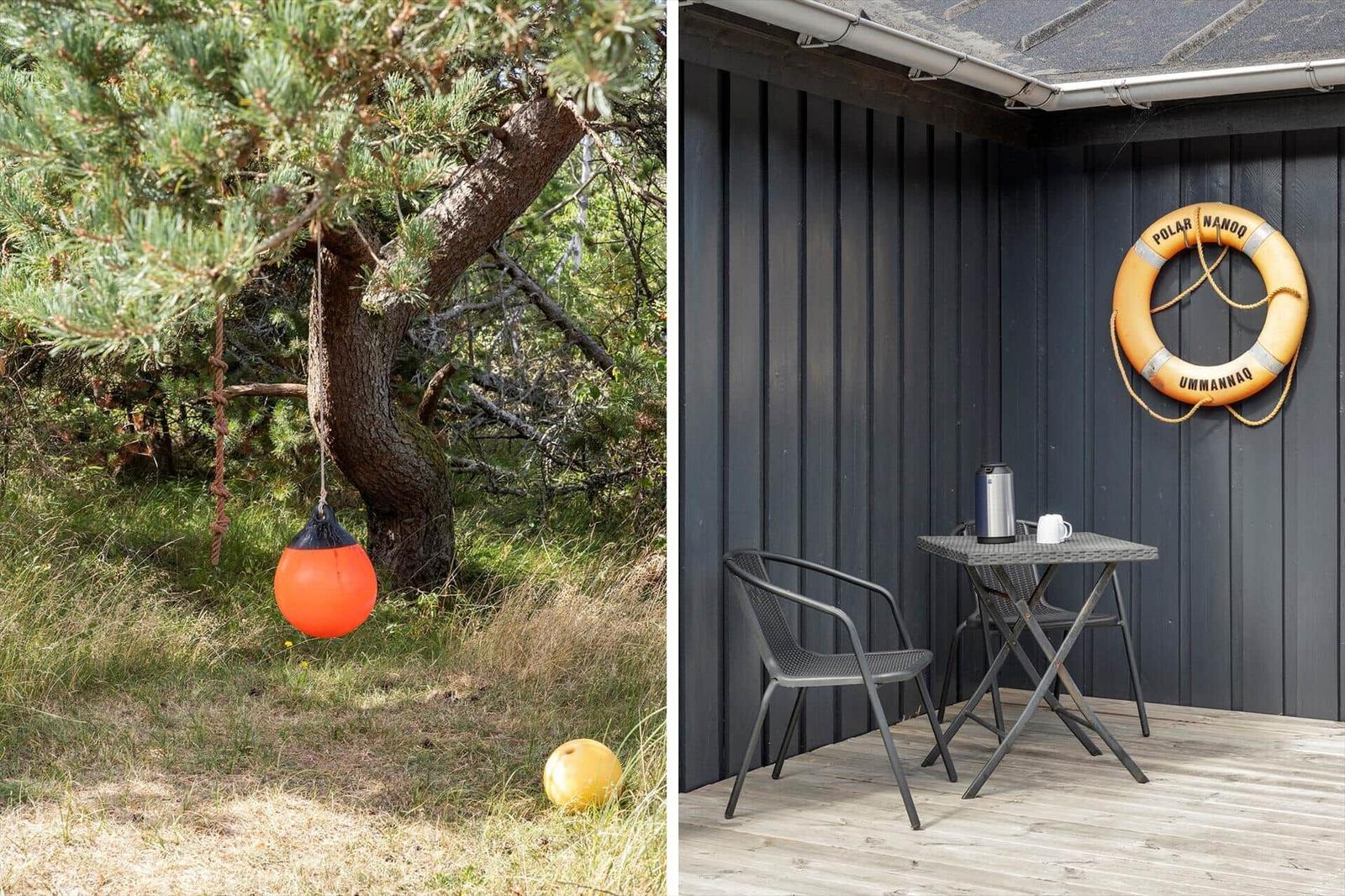 Collage: Kiefer mit oranger Boje und Terrasse mit Metalltisch und Rettungsring.