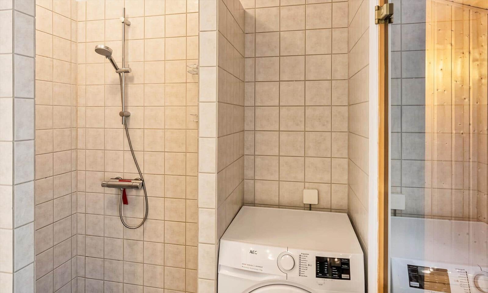 Walk-in-Dusche, weiße Waschmaschine hinter Glas und holzverkleidete Sauna.