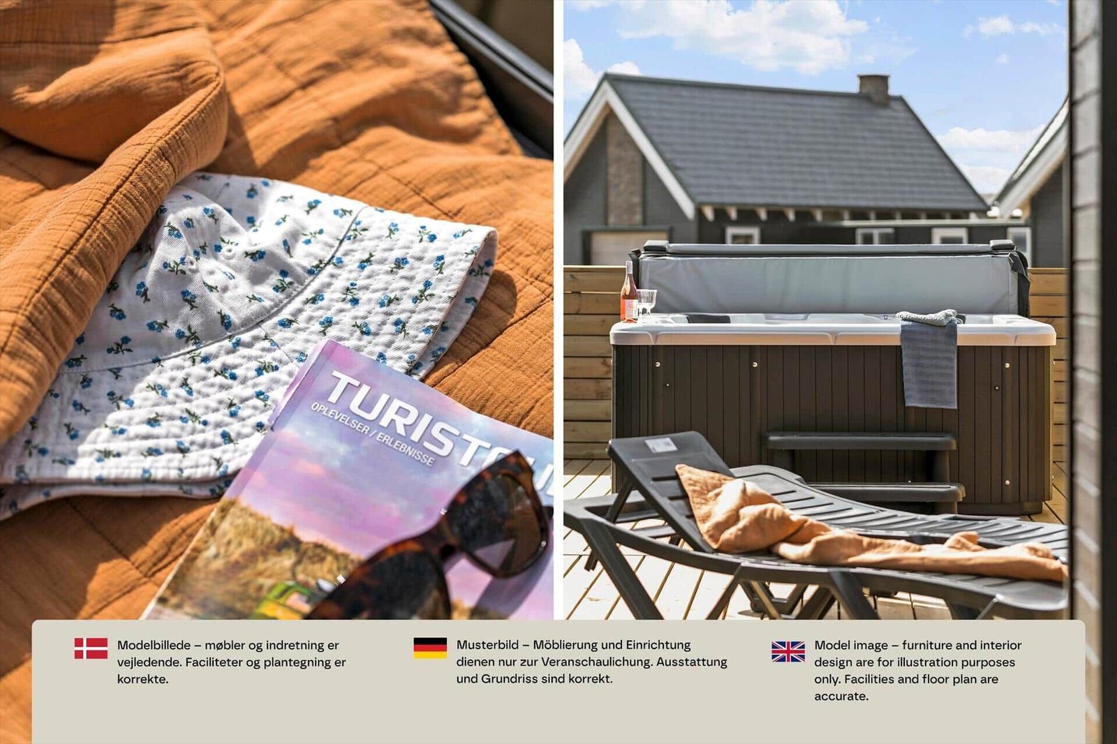 Whirlpool auf Holzterrasse, daneben Liege mit oranger Decke und Sonnenhut.
