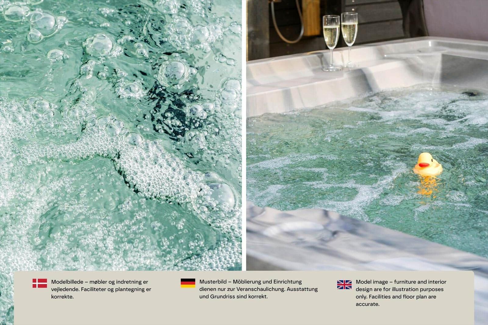 Whirlpool mit sprudelndem Wasser, gelber Badeente und zwei Gläsern am Rand.