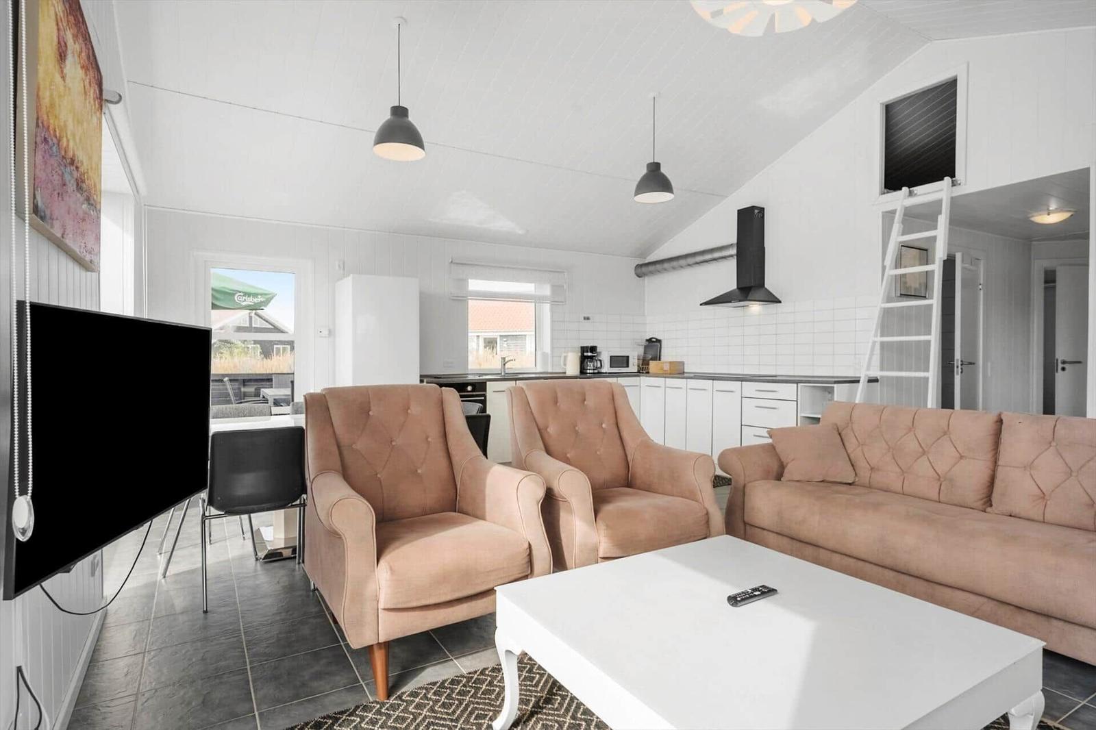 Living area with armchairs, sofa, coffee table, open kitchen and loft ladder.