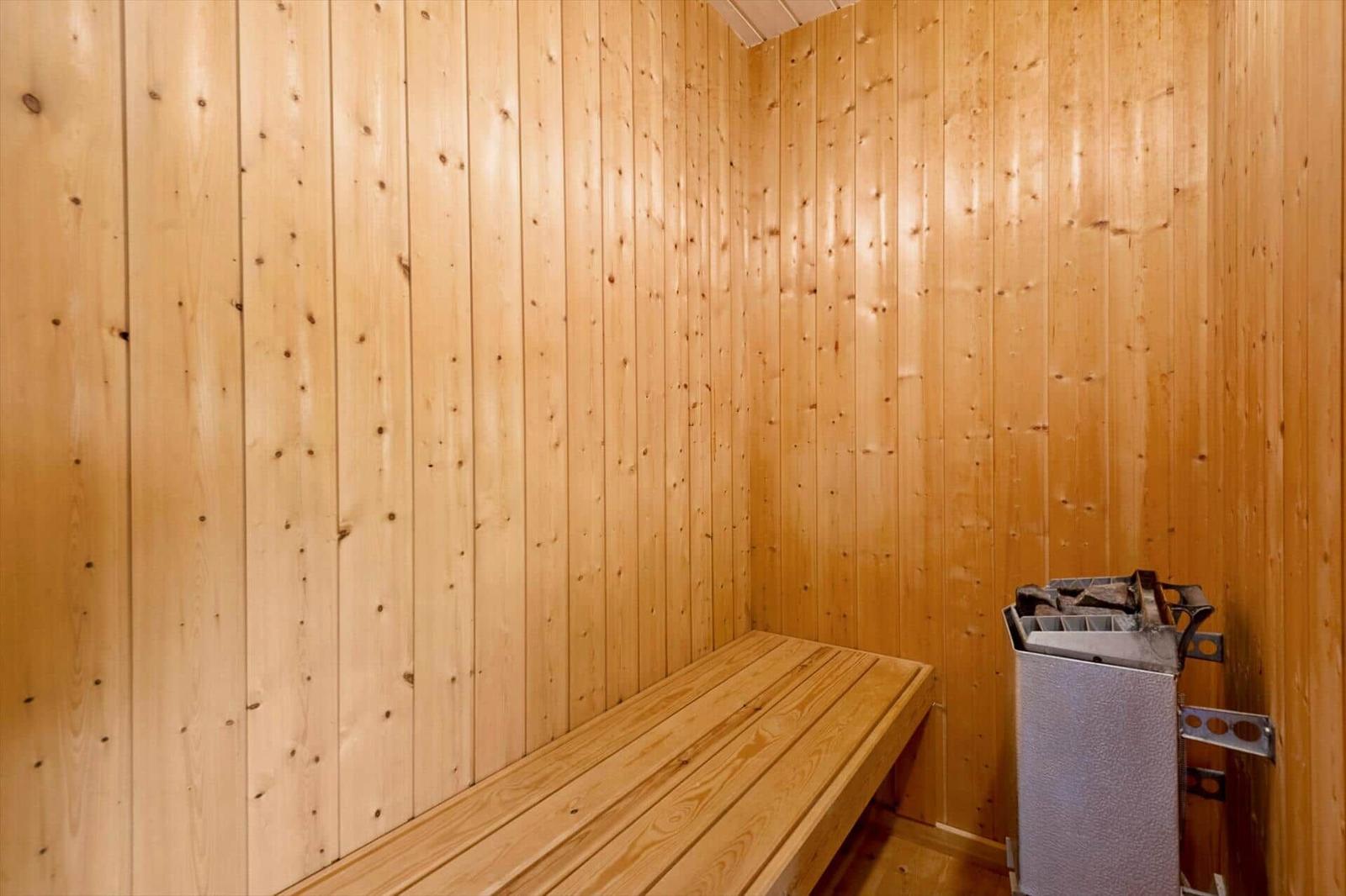 Indoor sauna with light wood paneling, bench and electric heater with stones.