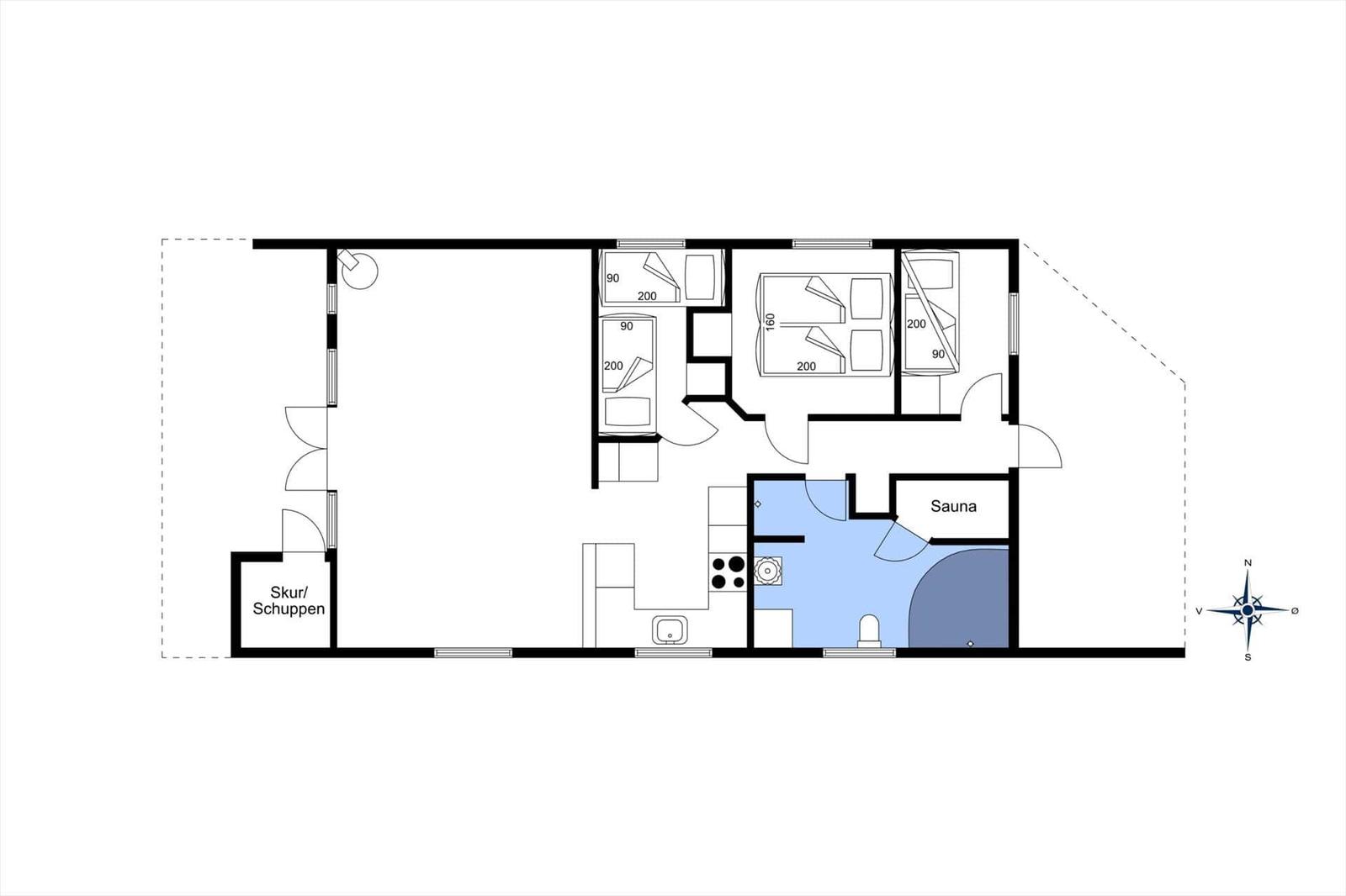 Image shows floor plan with three bedrooms, bathroom, sauna and shed.