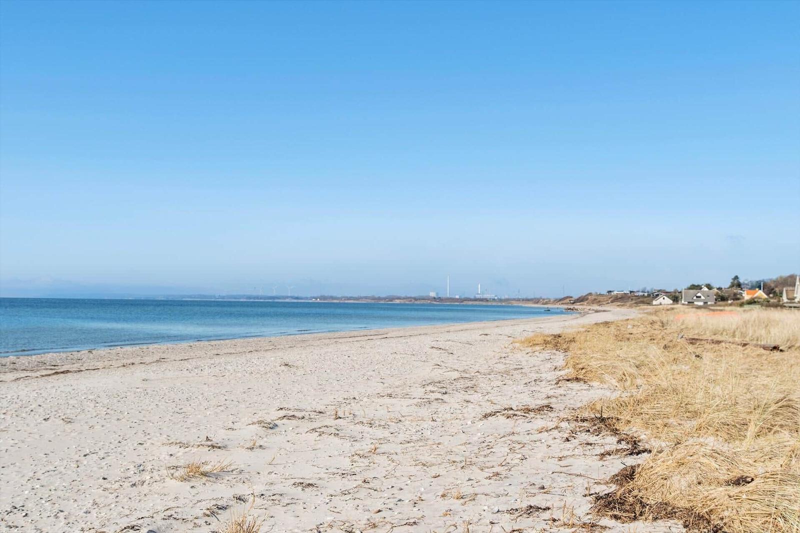 Holzbank am Strand mit Blick auf das Meer und klarem Himmel.