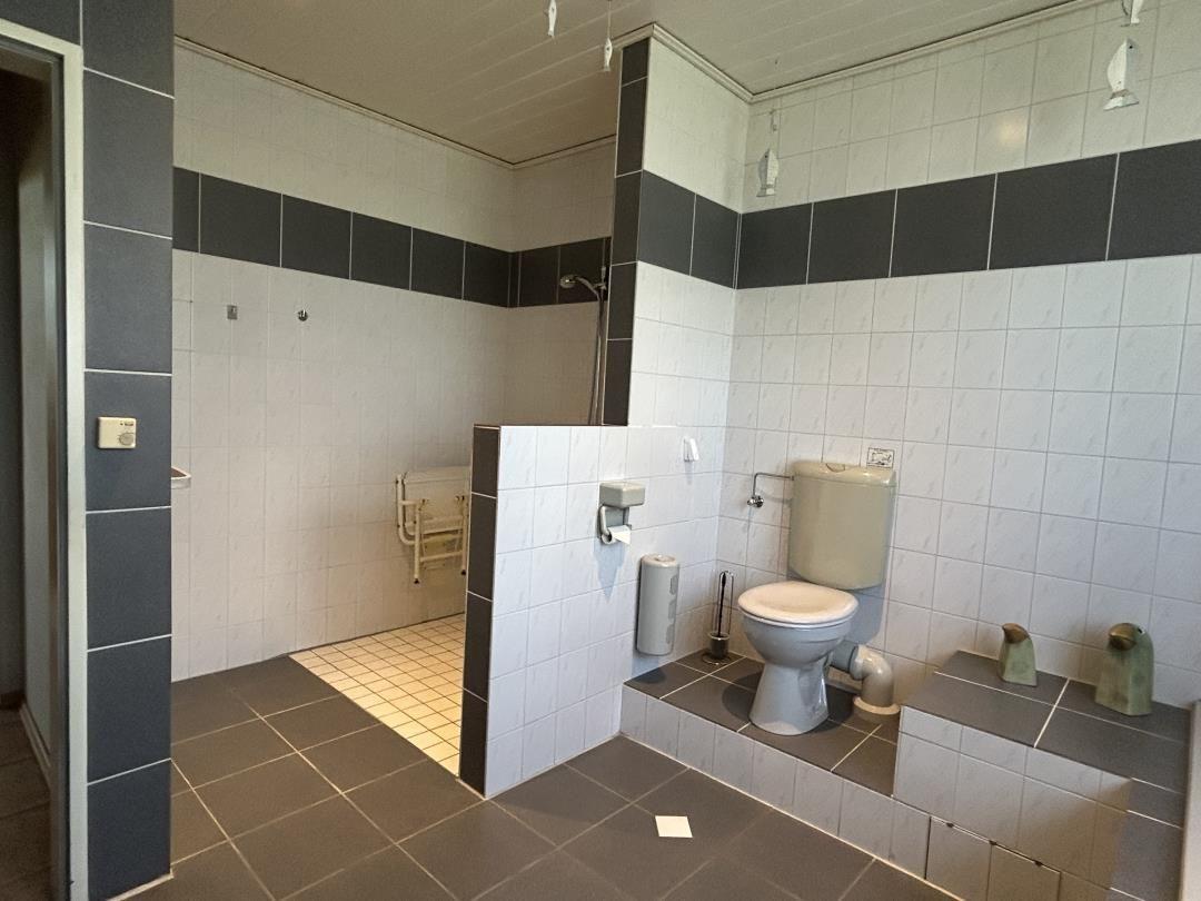 Badezimmer mit ebenerdiger Dusche, Klappsitz und erhöhtem Stand-WC.