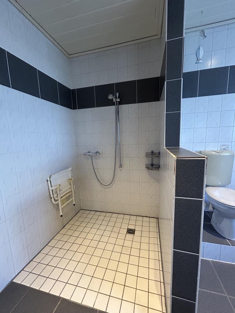 Ebenerdige Dusche mit Klappsitz, Handbrause und Metallregal neben dem WC.