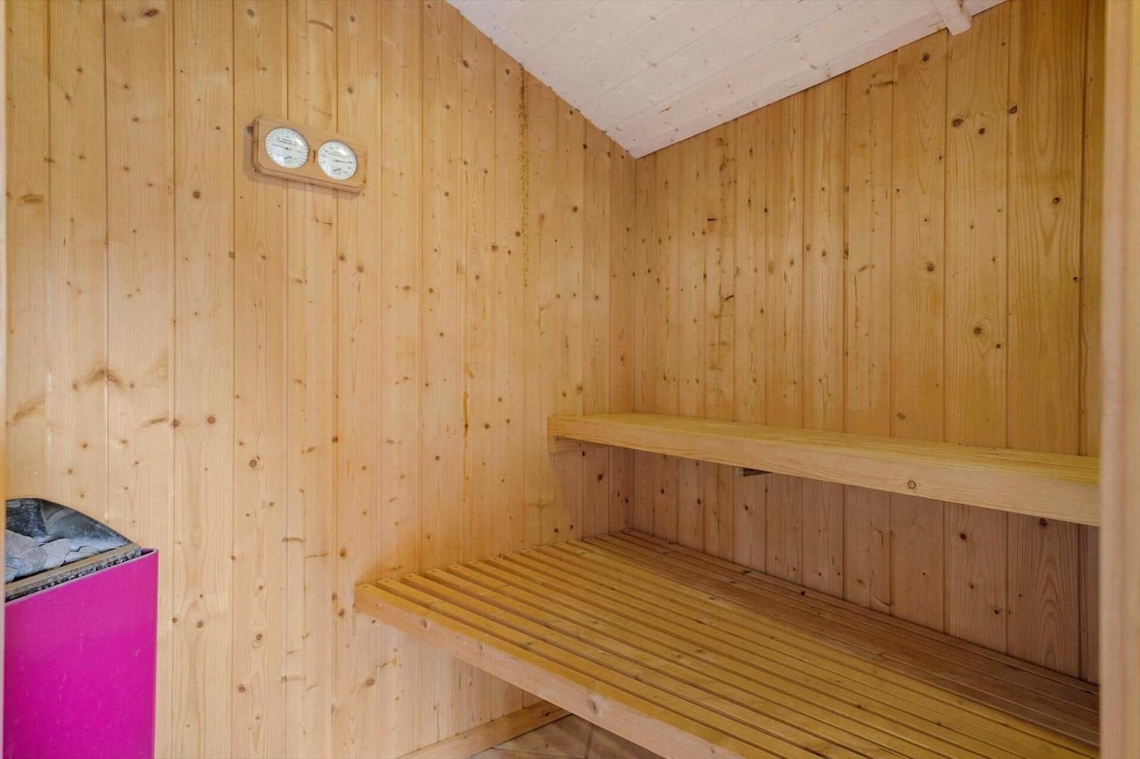 Holzsauna mit zwei Sitzbänken, pinkem Ofen und Thermo-Hygrometer.
