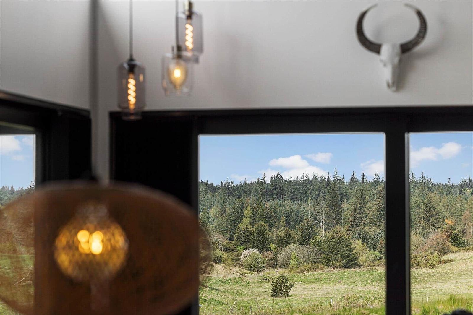 Große Fensterfront mit drei Pendelleuchten und Blick auf Wiese und Waldrand.