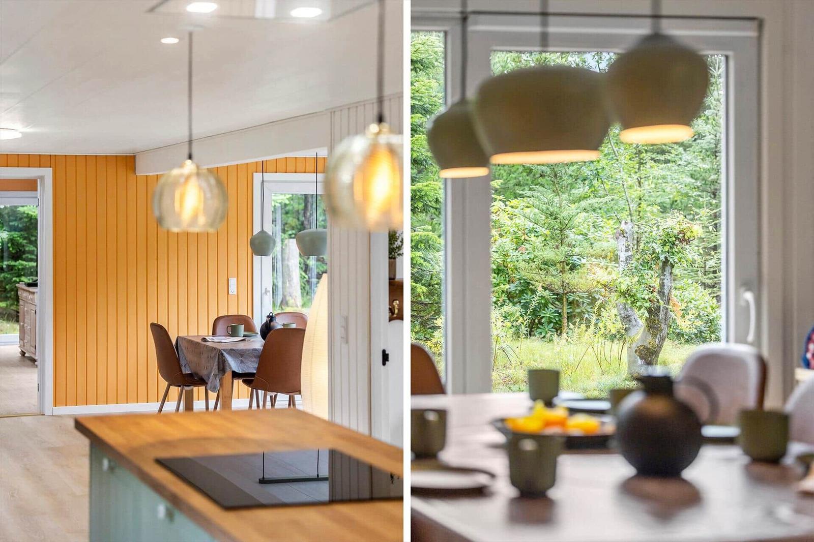 Two views of the dining area with orange wood wall and forest view.