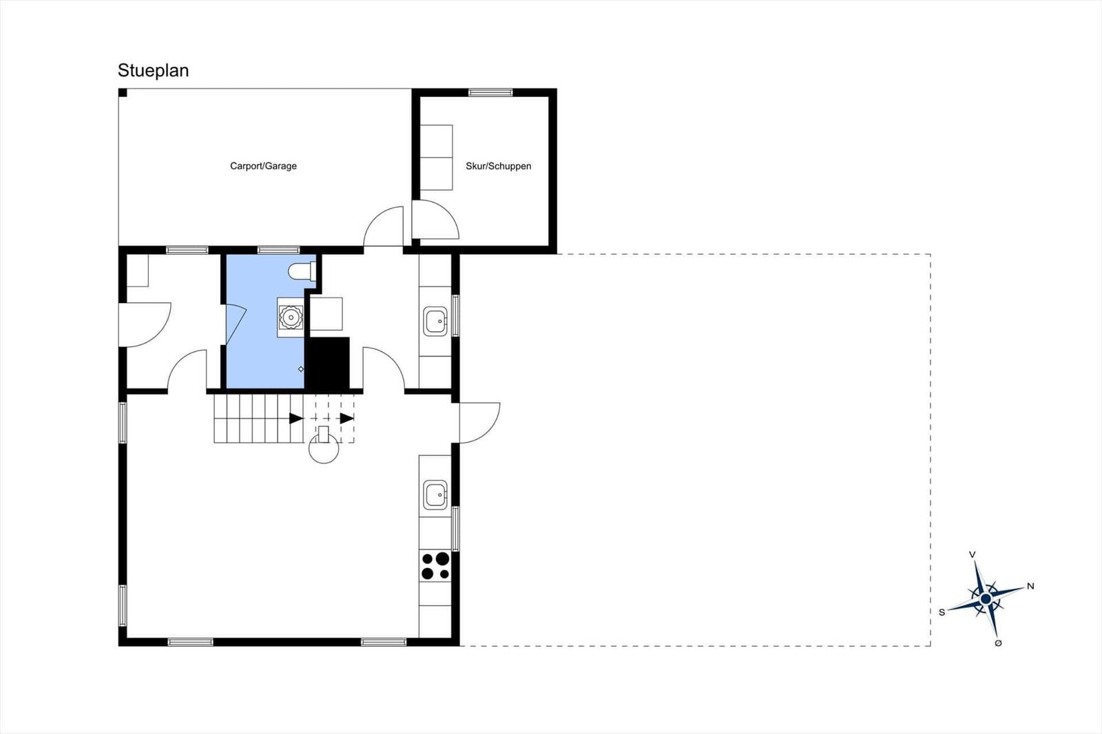 Floor plan of the ground floor with living area, open kitchen, bathroom, carport and shed.