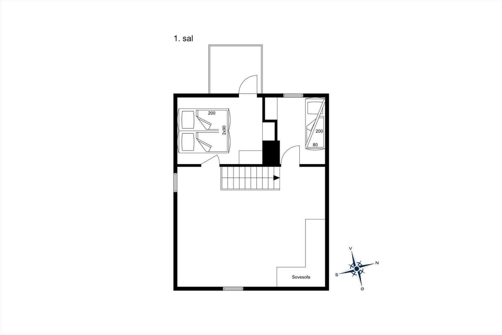 Floor plan of upper floor with two bedrooms, sofa bed, stairs and balcony