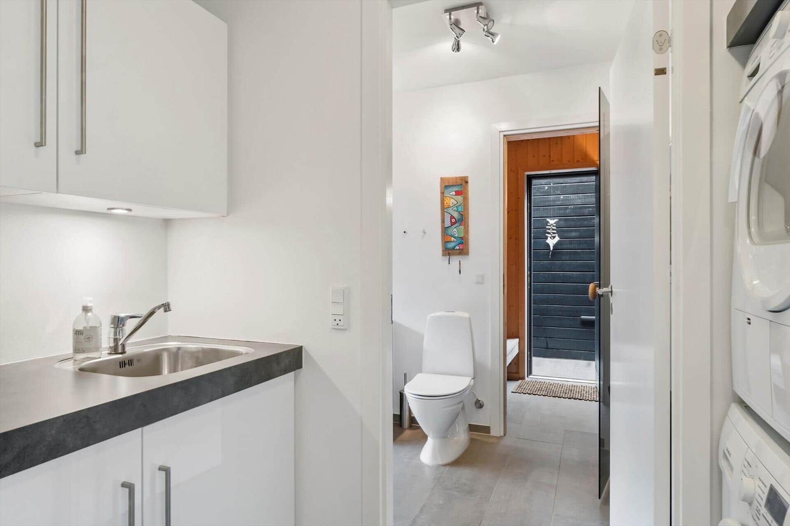 Utility room with sink, washing machine and a view through to a toilet.