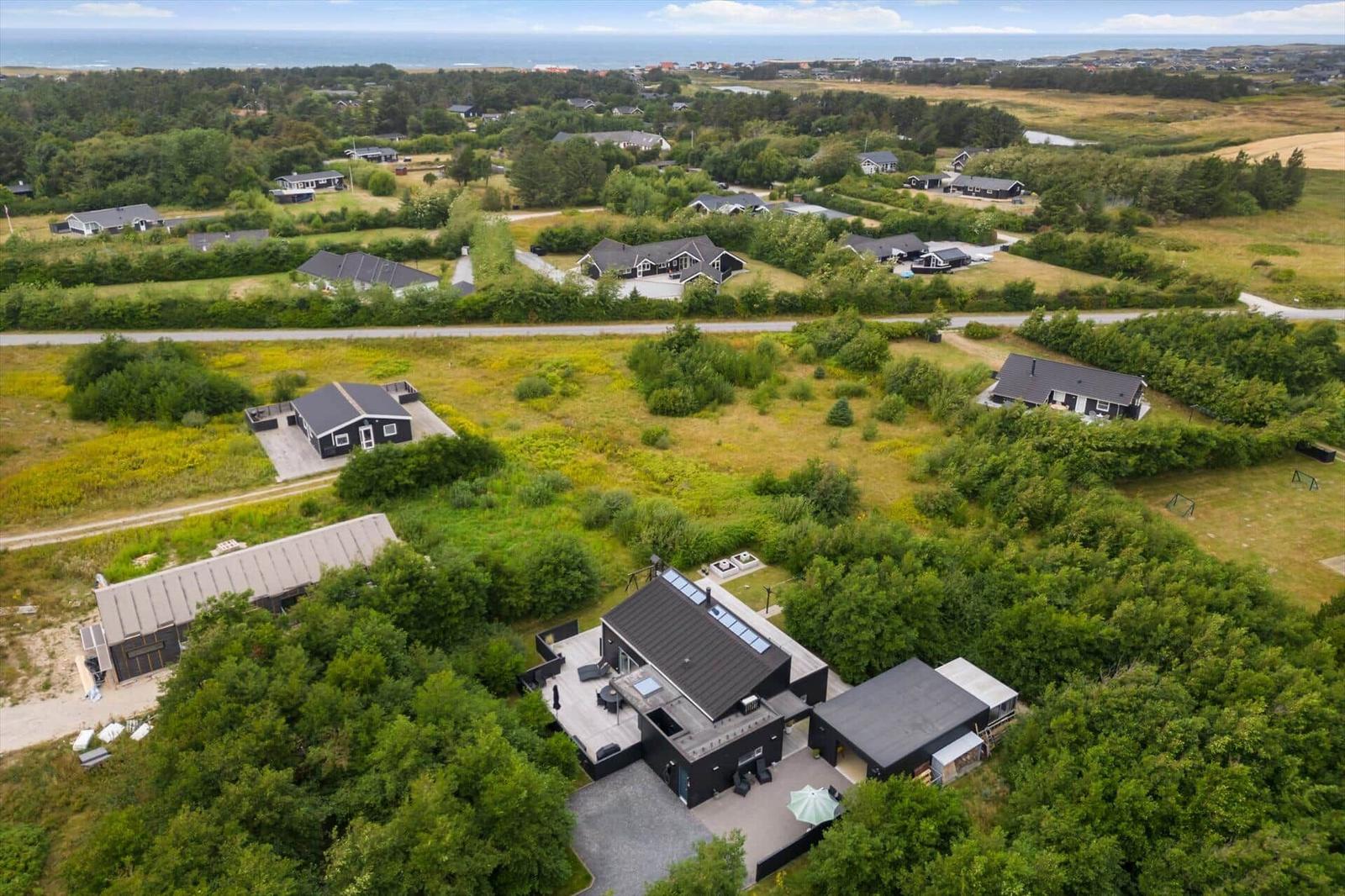 Aerial view of a black house with terrace, trees, neighboring houses and sea.