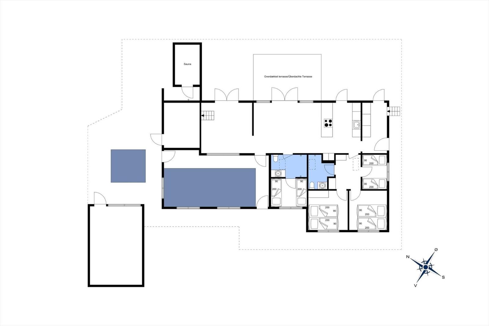 Floor plan with kitchen living area, four bedrooms, two bathrooms, pool and sauna.