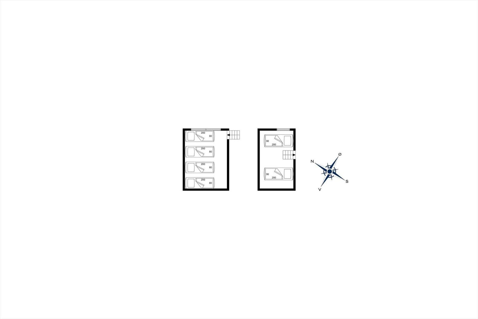Floor plan of two bedrooms with four and two single beds plus a compass.