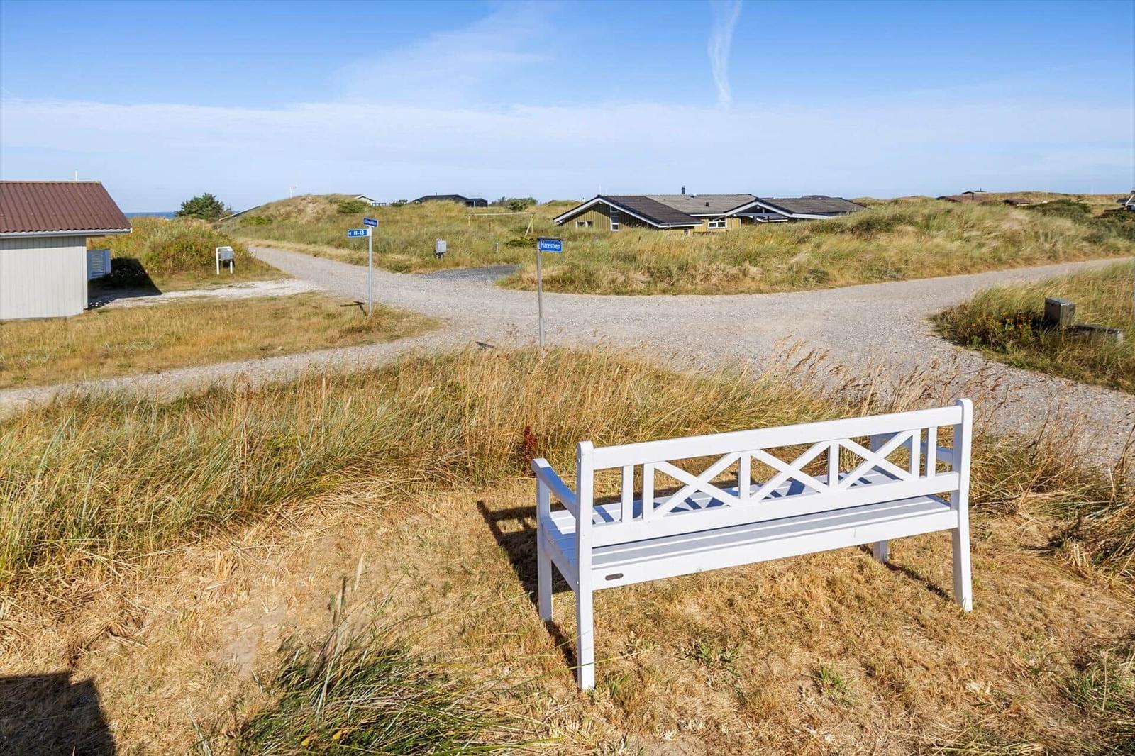 White wooden bench on a grassy dune by gravel paths with houses under blue sky.