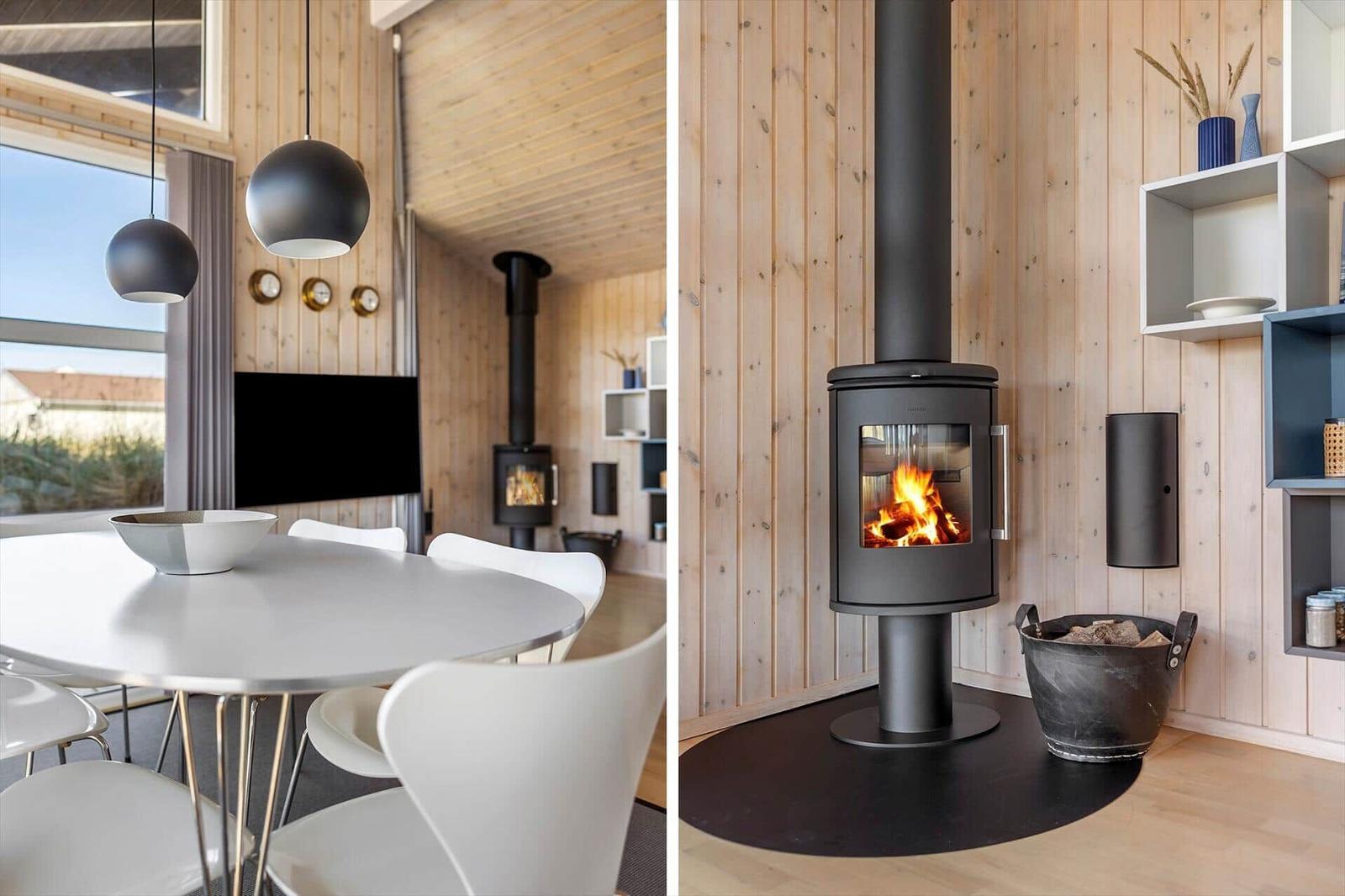 Collage of dining table with globe lamps and a burning wood stove by wood walls.