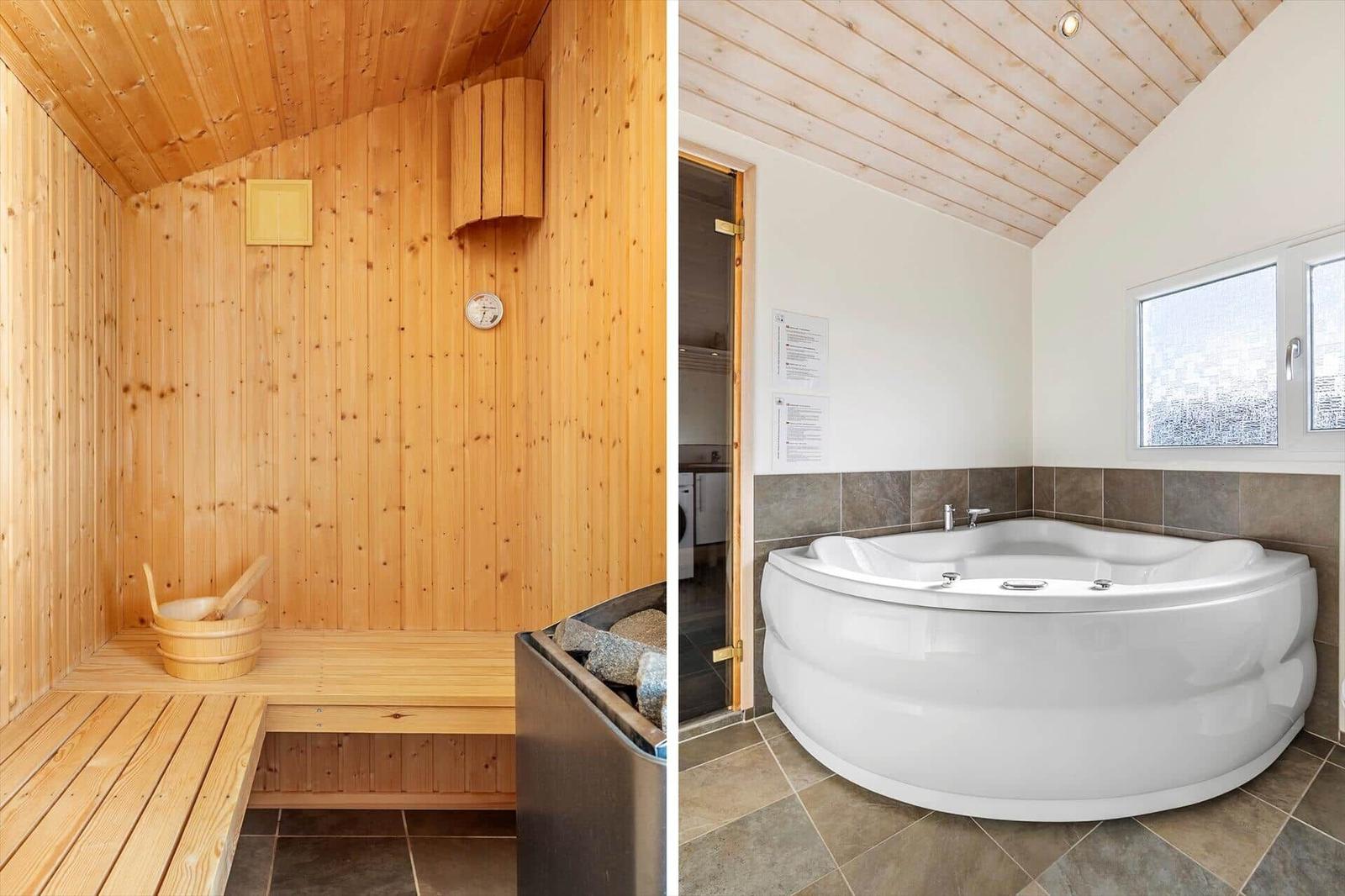 Collage of wood sauna with heater and white corner whirlpool in a tiled bath.