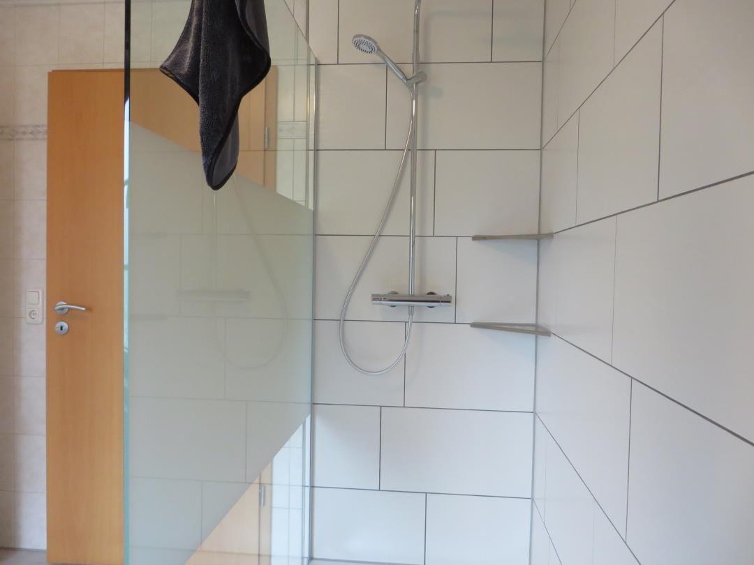 Dusche mit Chromarmatur, Handbrause, Eckablagen und Glaswand mit Sichtschutz.