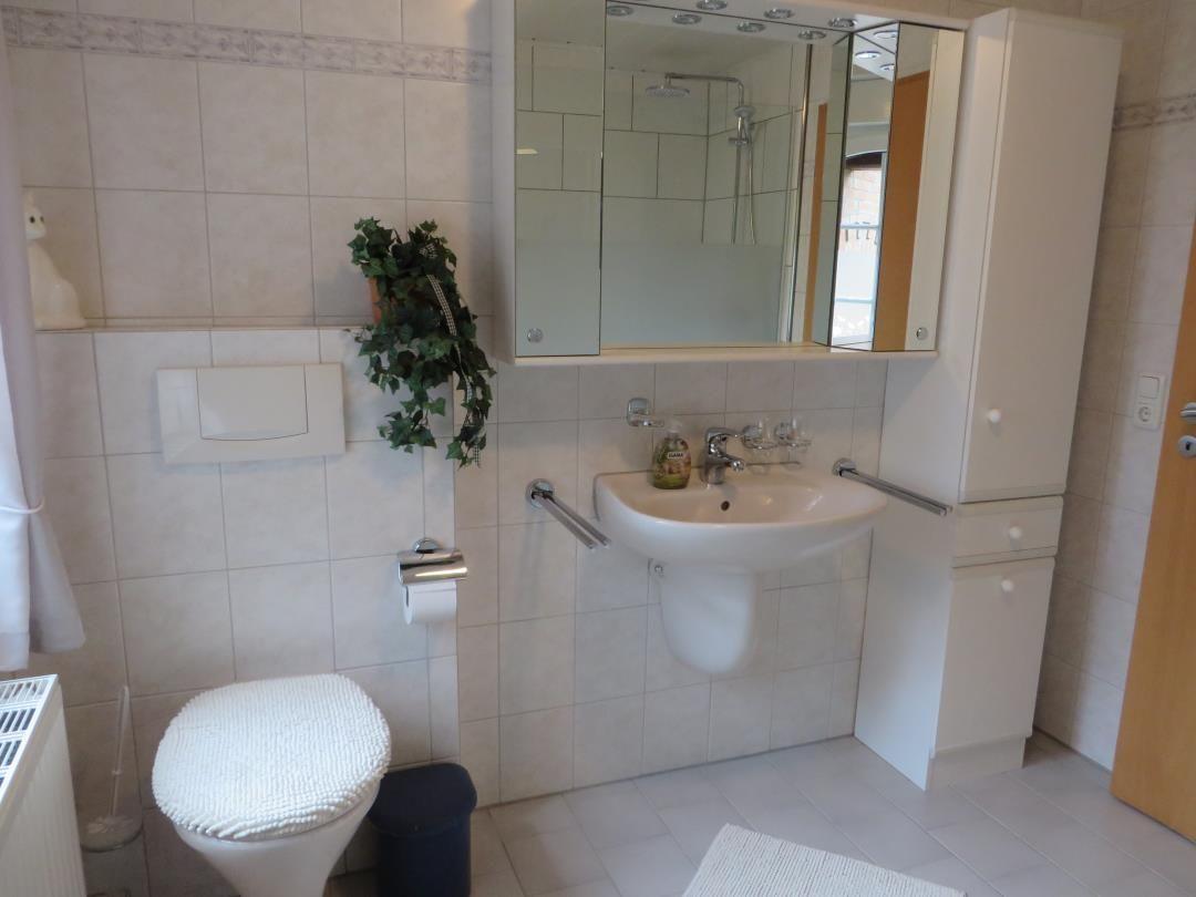 Badezimmer mit WC, Waschbecken, Spiegelschrank und schmalem Hochschrank.
