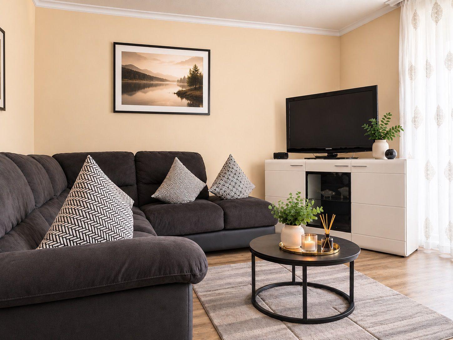 Wohnzimmer mit braunem Sofa, Fernseher und Couchtisch mit Snacks.