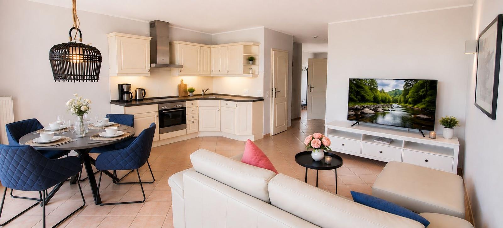 Wohnung mit Küche, Essbereich und Wohnzimmer mit Sofa und Fernseher.