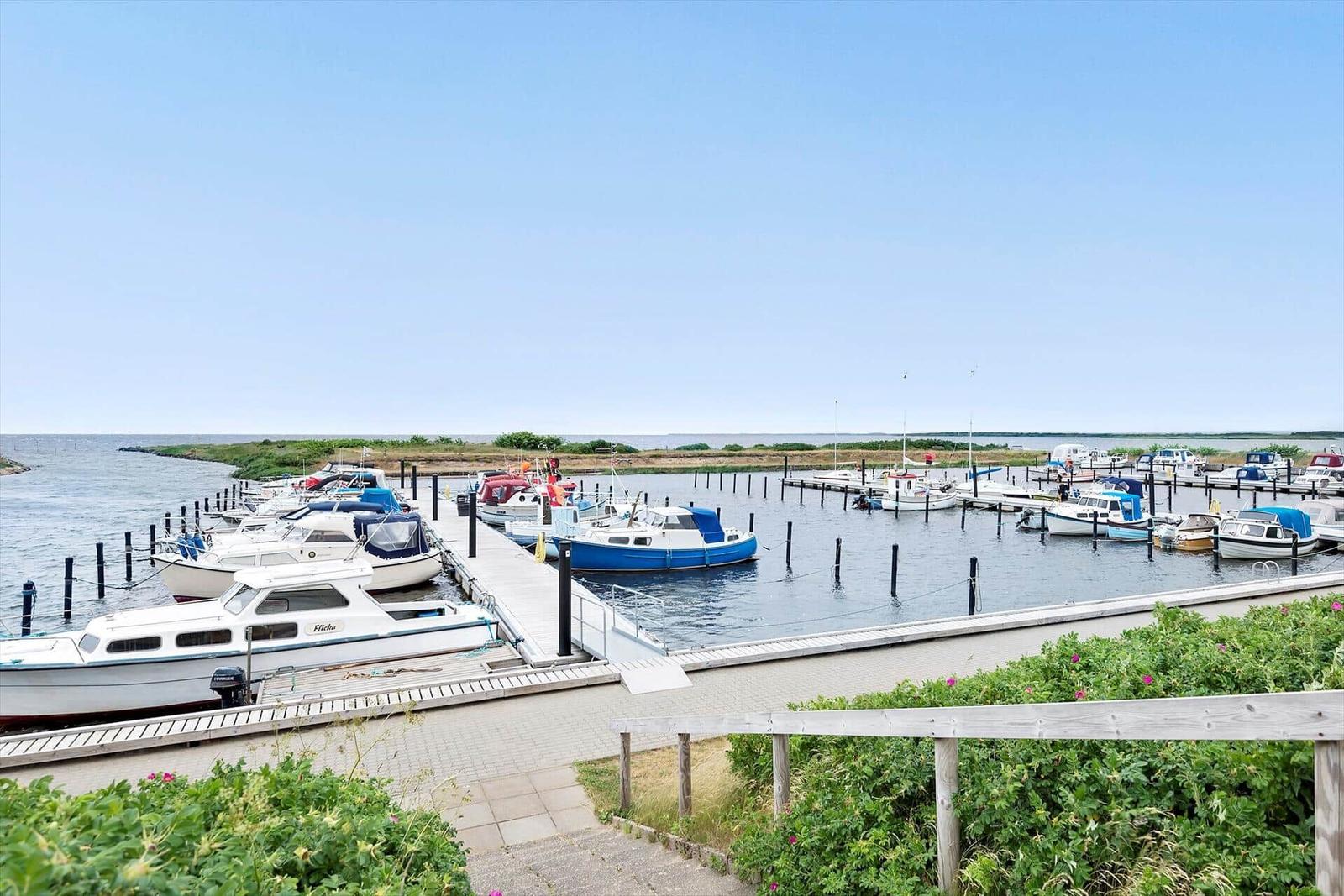 Hafen mit Booten und Steg. Grünflächen und Strand im Hintergrund.