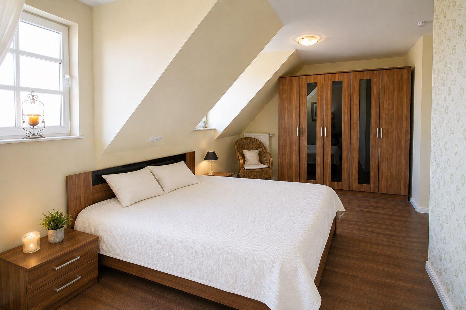 Schlafzimmer mit Dachschräge, Bett, Kleiderschrank und Fenster.