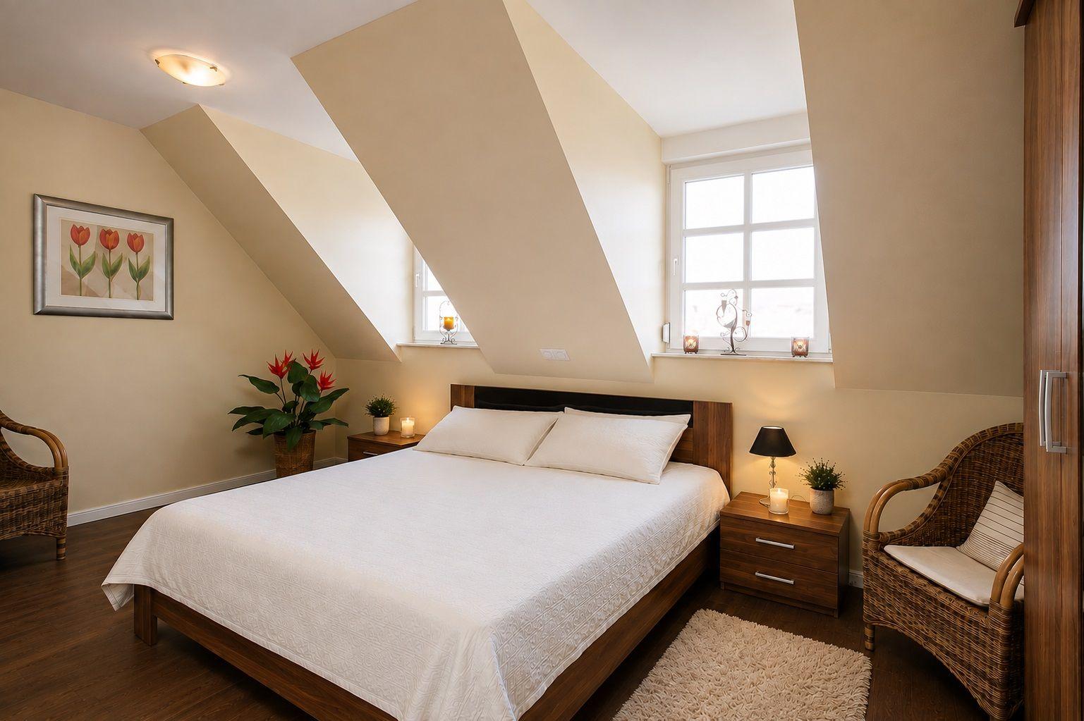 Schlafzimmer mit Dachschrägen, Bett, Nachttisch, Stuhl und Fenster.