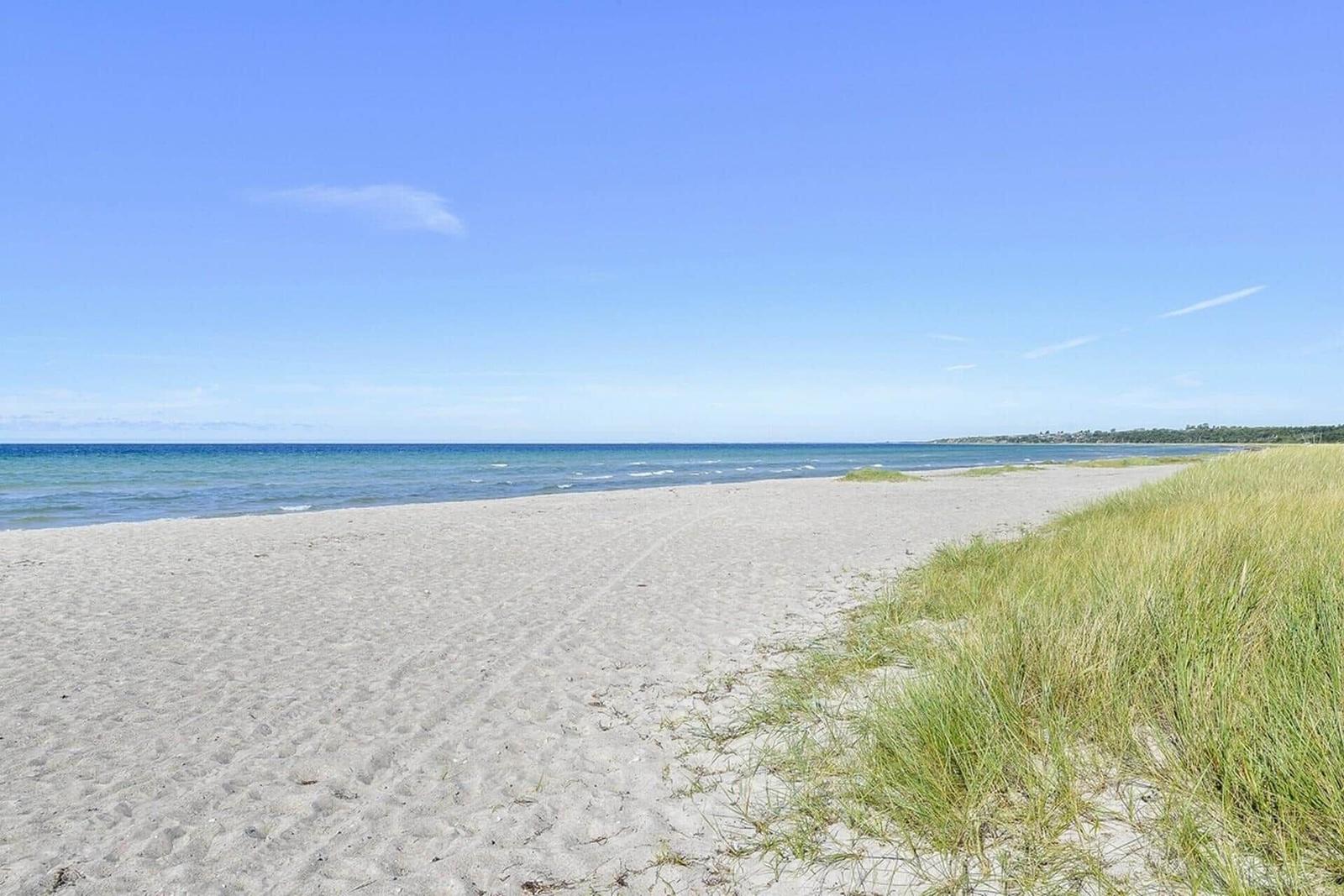 Strand mit Picknicktischen und Holzweg. Der Himmel ist klar.