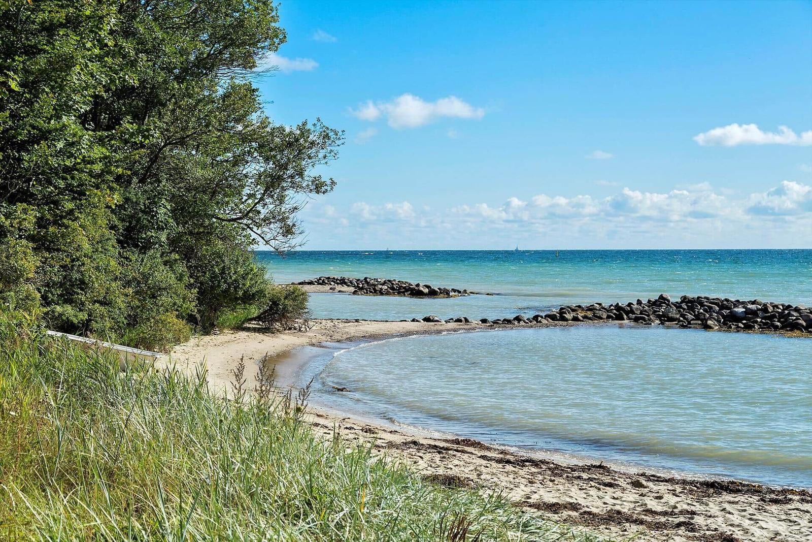 Beach with sand, grass, and blue water. Forest in the background. A boat is in the water.