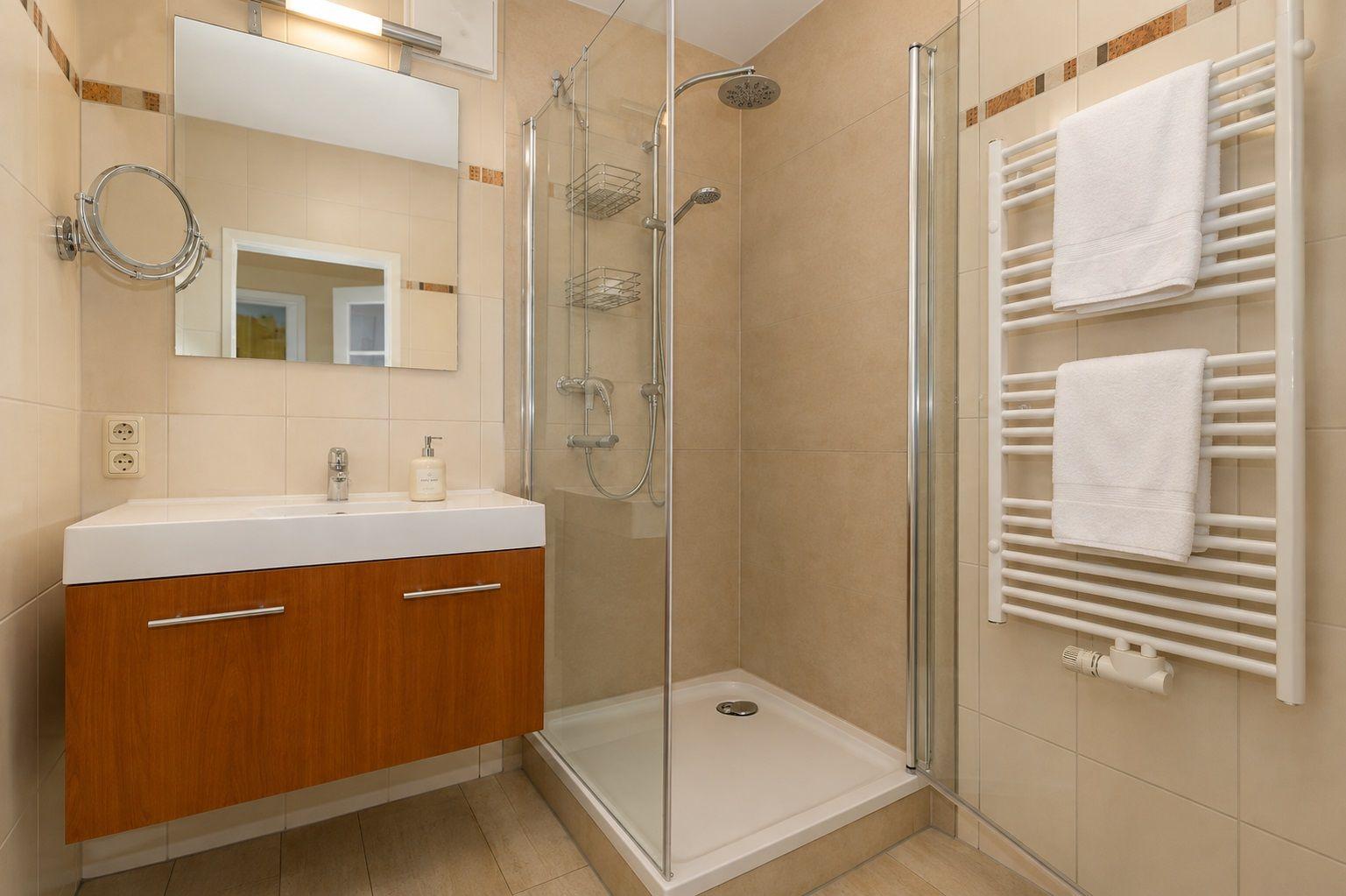Badezimmer mit Dusche, Waschbecken und Heizung