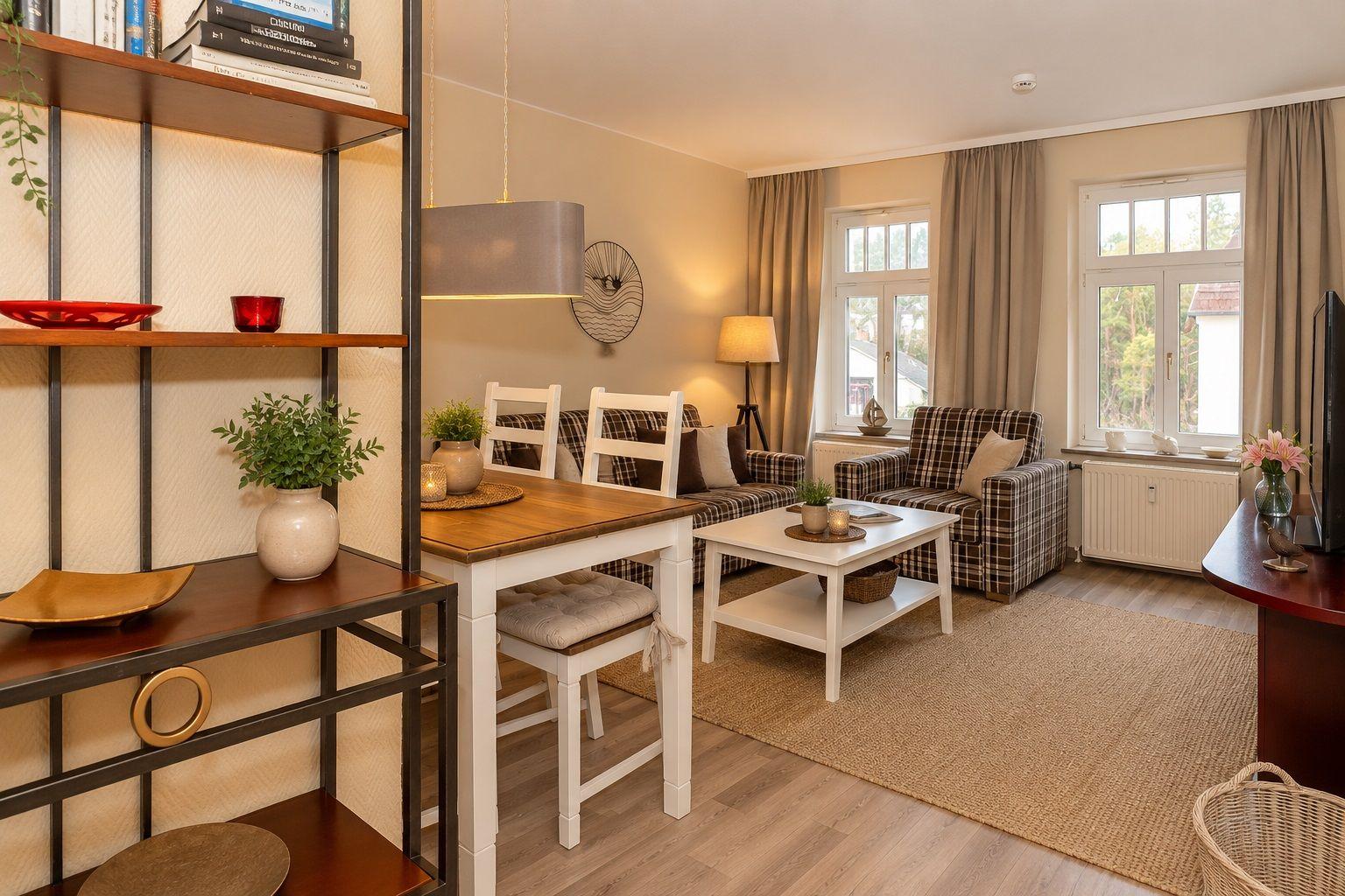 Living and dining area with table, chairs, sofa, and windows.