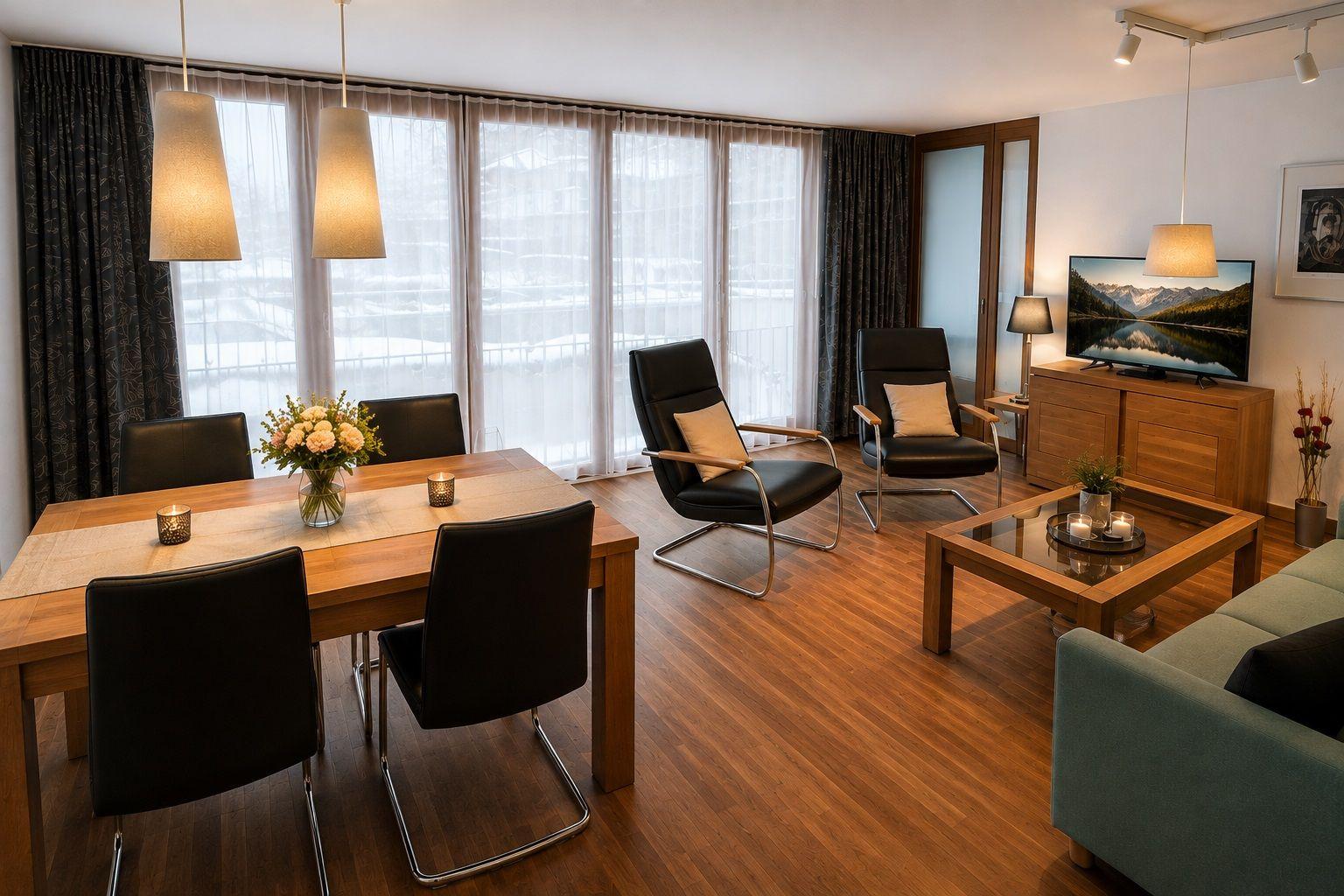 Essbereich mit Tisch, Stühlen und Sesseln. Holzboden und große Fenster.