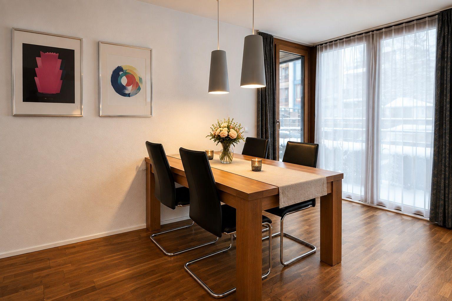 Esszimmer mit Holzboden, Tisch, Stühlen und Fenstern
