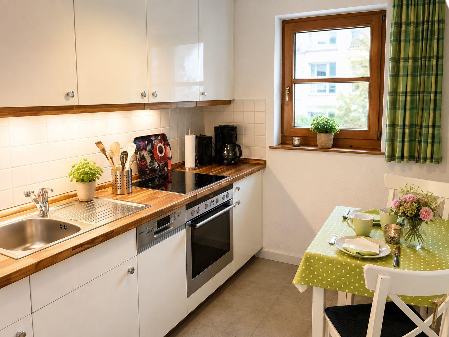 Küche mit Arbeitsplatte, Spüle und Kochfeld. Fenster mit grünem Vorhang. Esstisch mit Tischdecke.