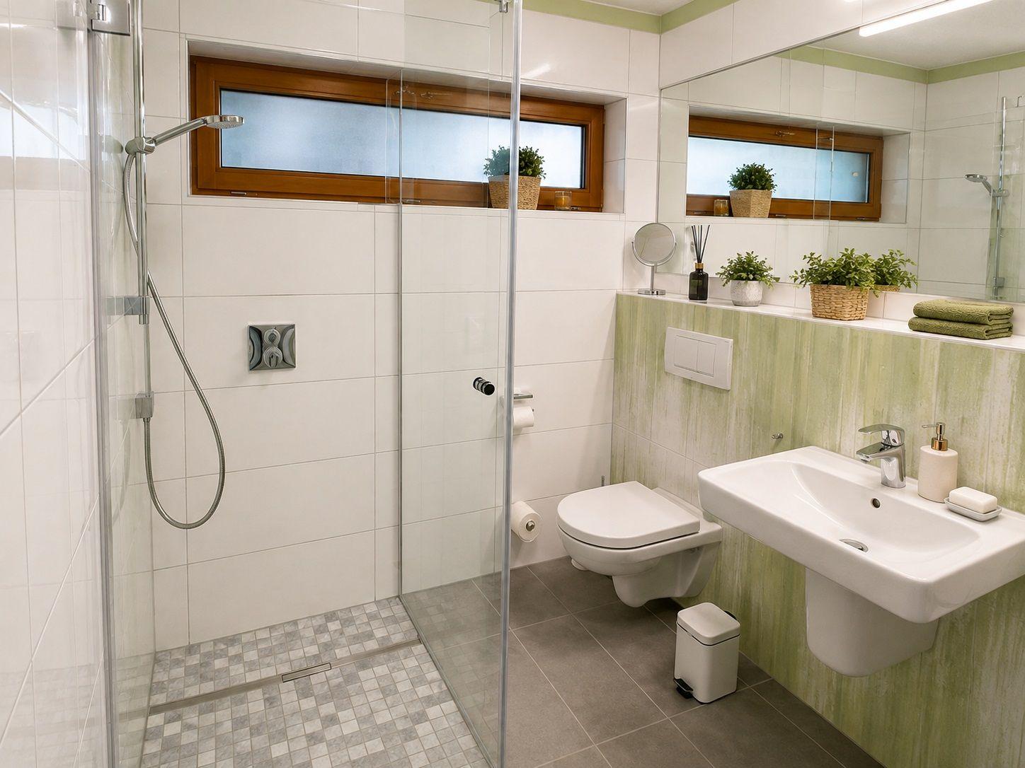 Bad mit Dusche, Toilette und Waschbecken. Fenster mit Holzrahmen und Spiegel.