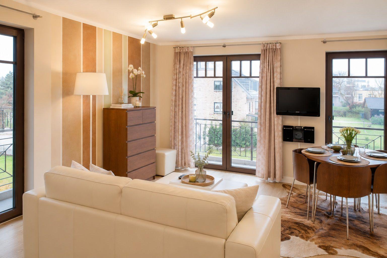 Wohnzimmer mit Sofa, Esstisch und TV. Durchgänge führen auf Balkon mit Blick.