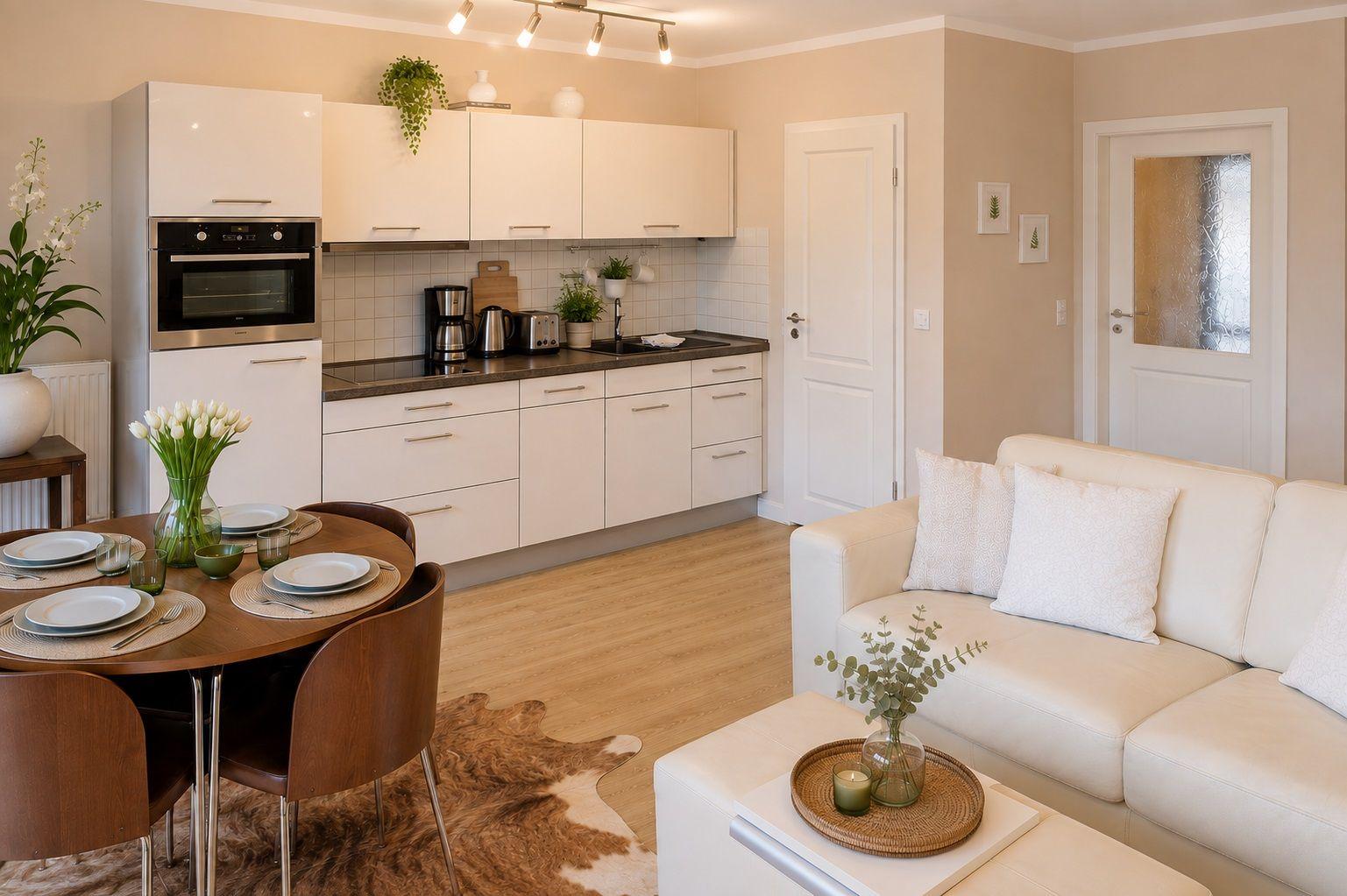 Wohn- und Küchenbereich mit weißen Schränken, Holzboden und weißem Sofa.