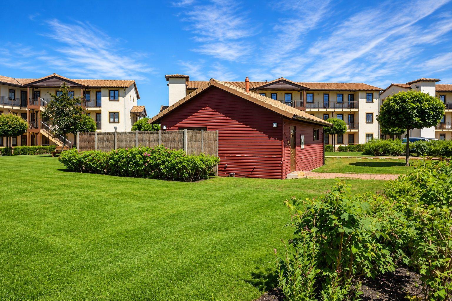Roter Holzschuppen vor mehrstöckigem Wohnhaus mit Garten und blauem Himmel.