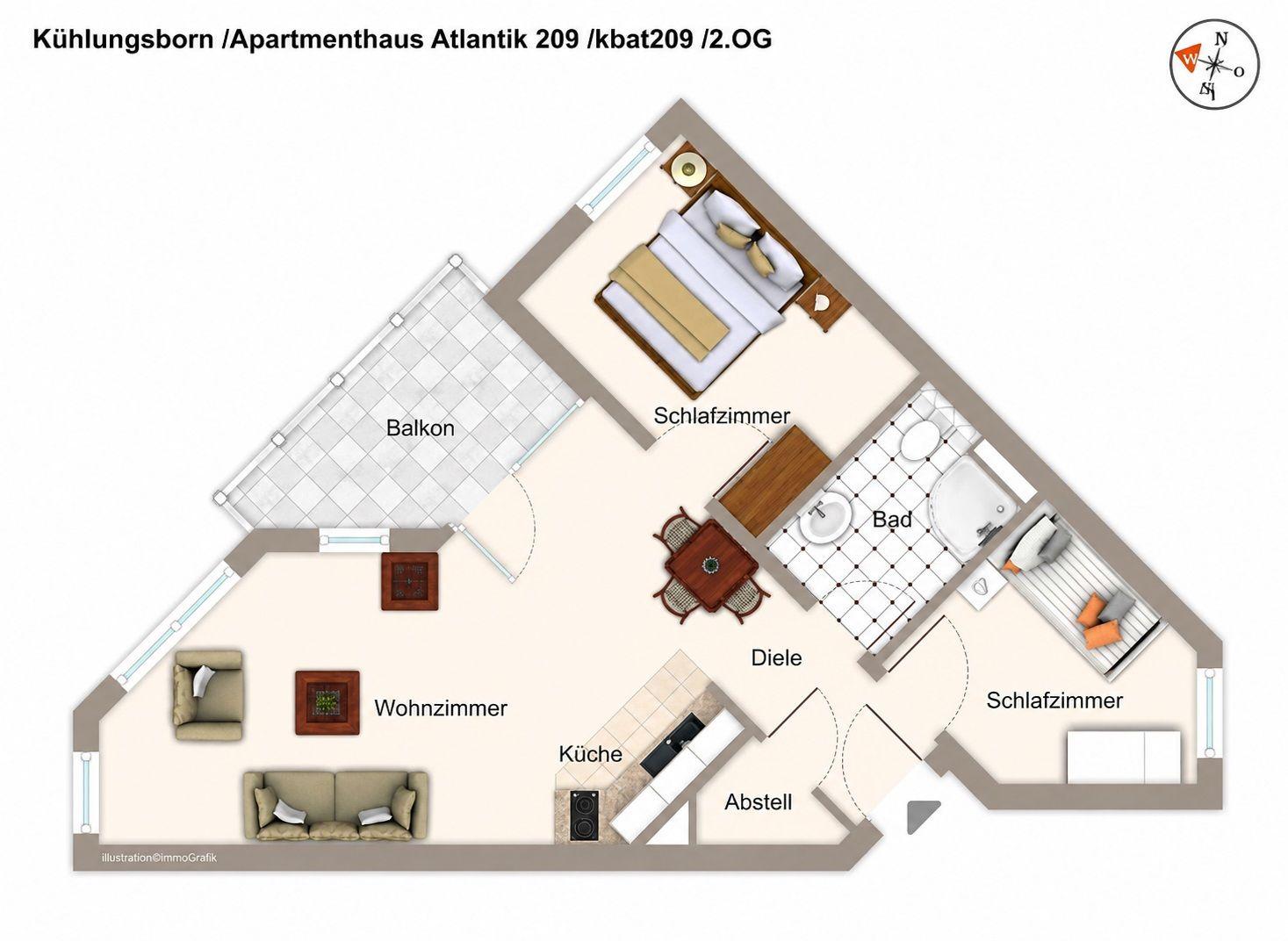 Wohnung mit zwei Schlafzimmern, Bad, Küche und Balkon.