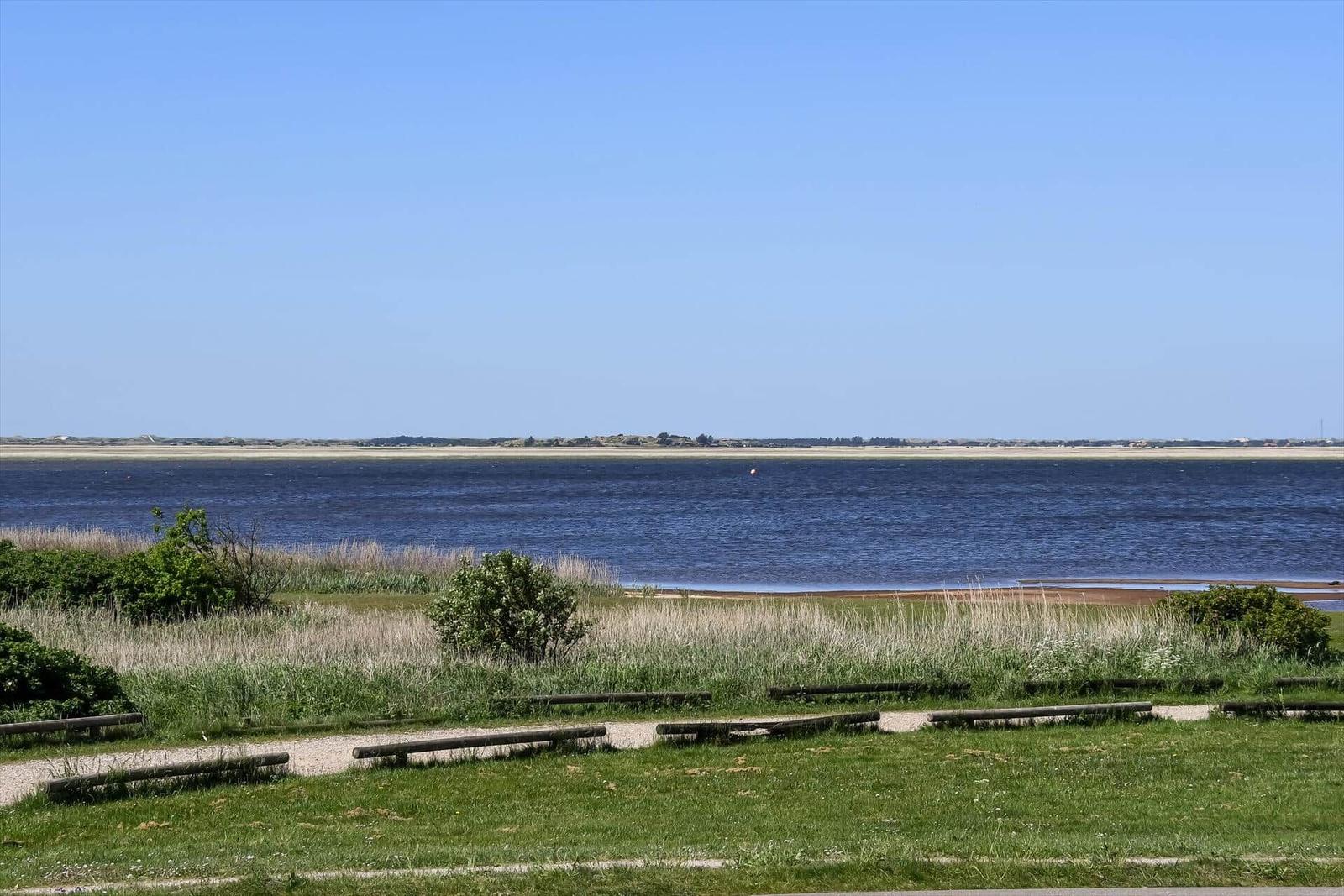 Hafen mit Booten, roten Häusern und grünen Flächen an der Küste.