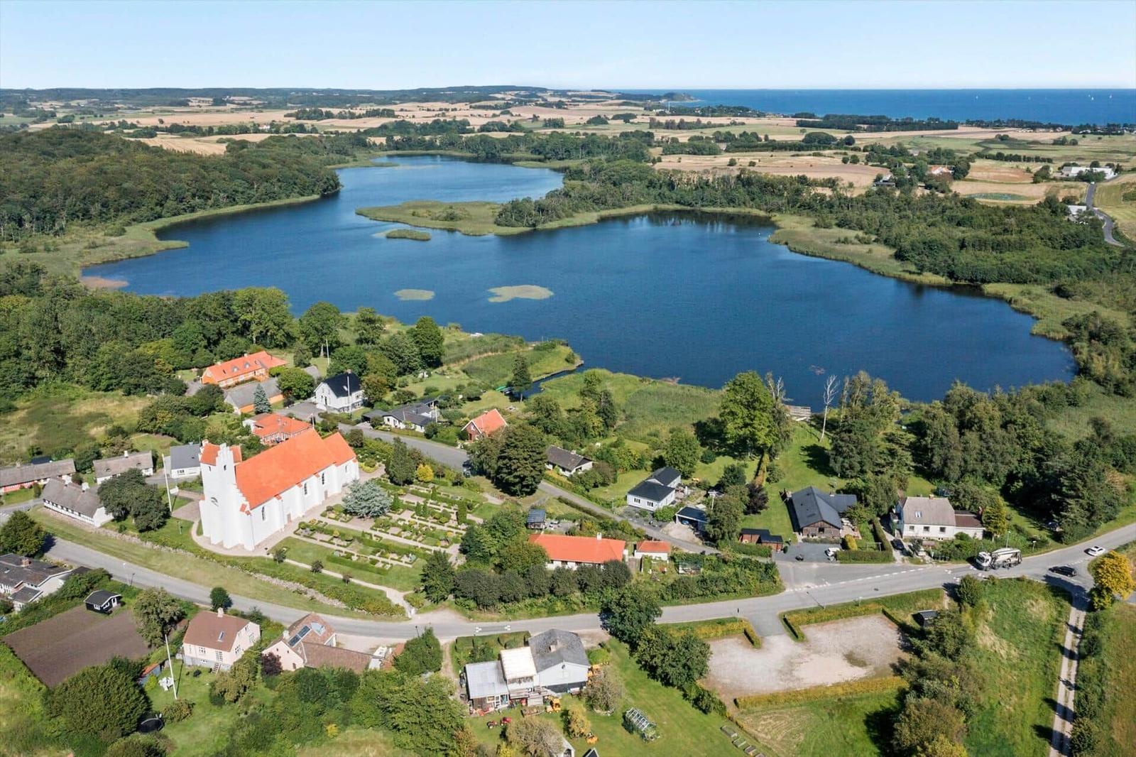Strand mit Steinen, Fahrzeuge und Wald im Hintergrund.
