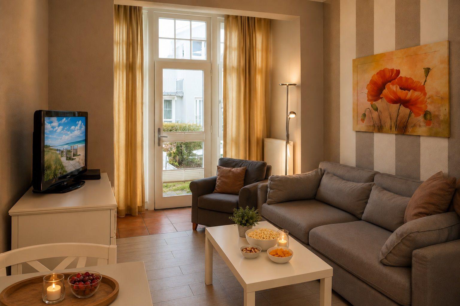 Wohnzimmer mit Sofa, Sessel und TV. Durchgang zur Terrasse mit Blick nach draußen.