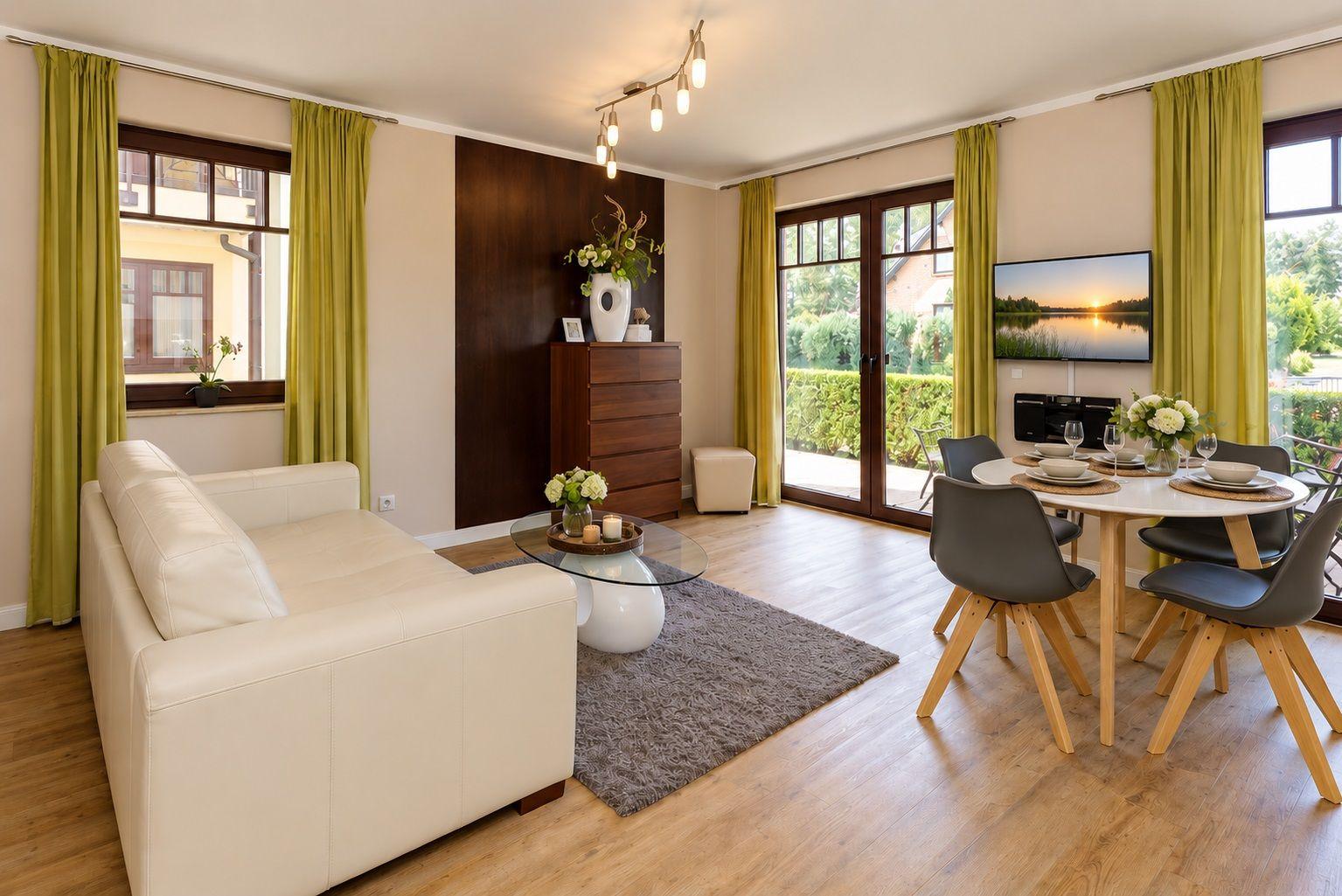 Wohn- und Essbereich mit Sofa, Tisch und Stühlen, großen Fenstern und grünen Vorhängen.