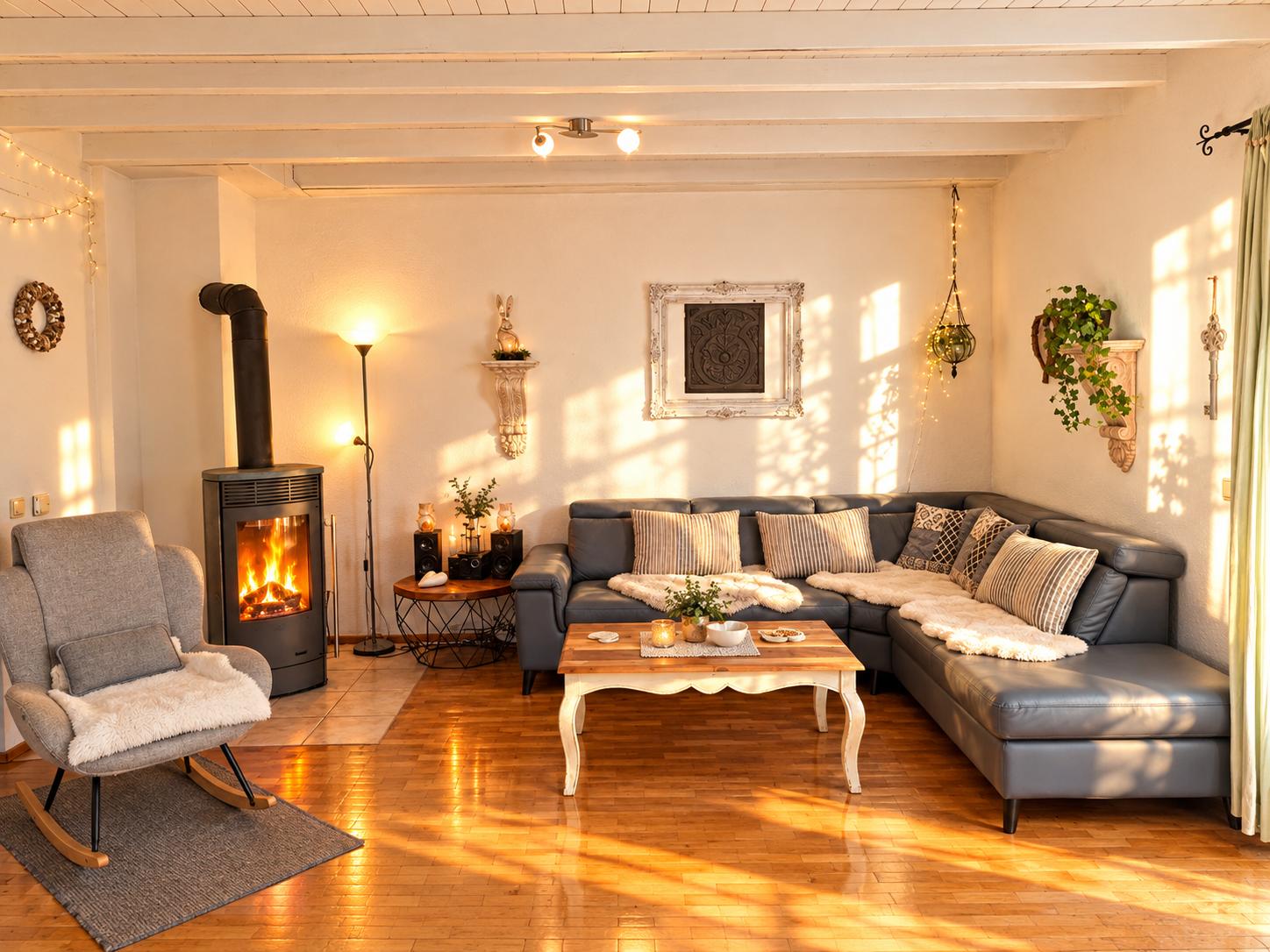 offenes Wohnzimmer mit Kamin